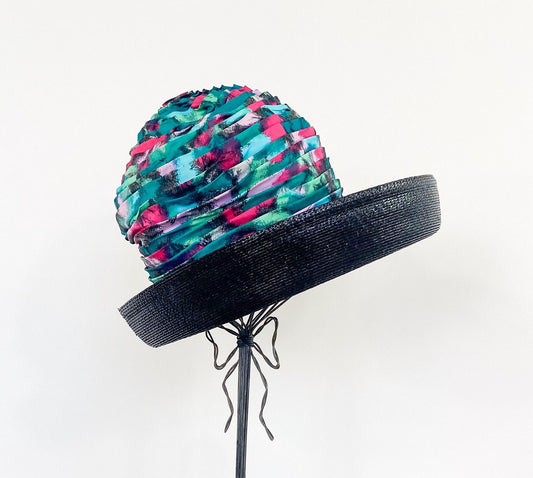 1960s Turquoise Print Silk High Crown Hat