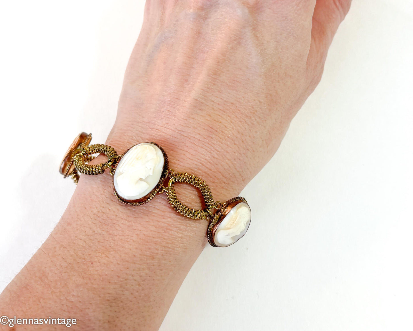 Antique Shell Cameo & Brass Bracelet, 1900s Jewelry