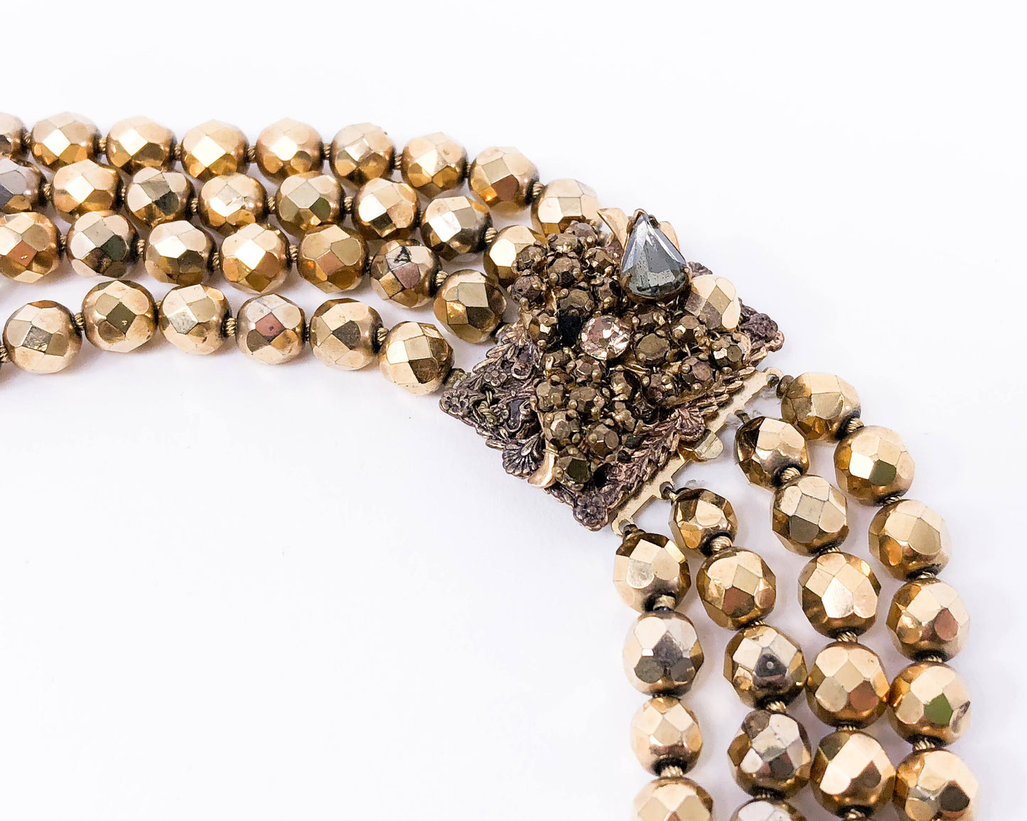 Eugene | 1950s Bronze Crystal Necklace & Earrings Set | 50s Bronze Crystal Evening Jewelry Set | Gold Crystal Necklace Set | Eugene