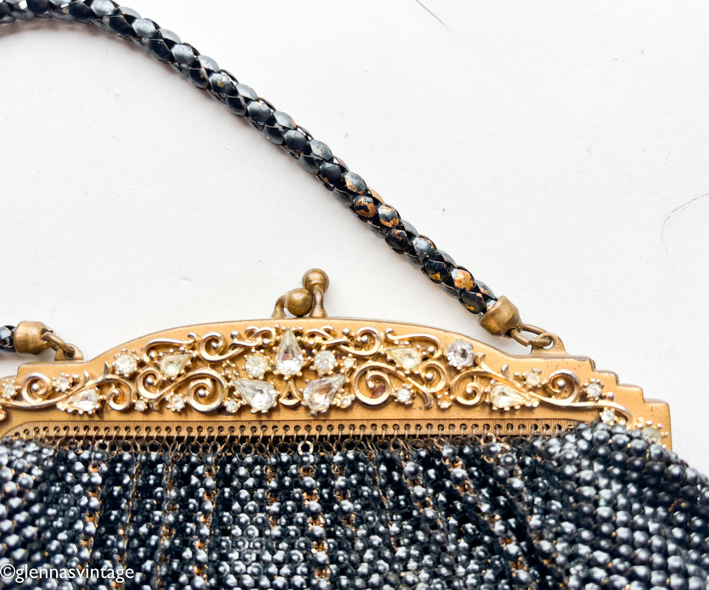 1930s Whiting & Davis Black Mesh Handbag | Rhinestone Evening Bag