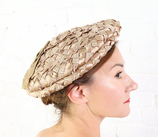 1950s  Beige Woven Saucer Hat