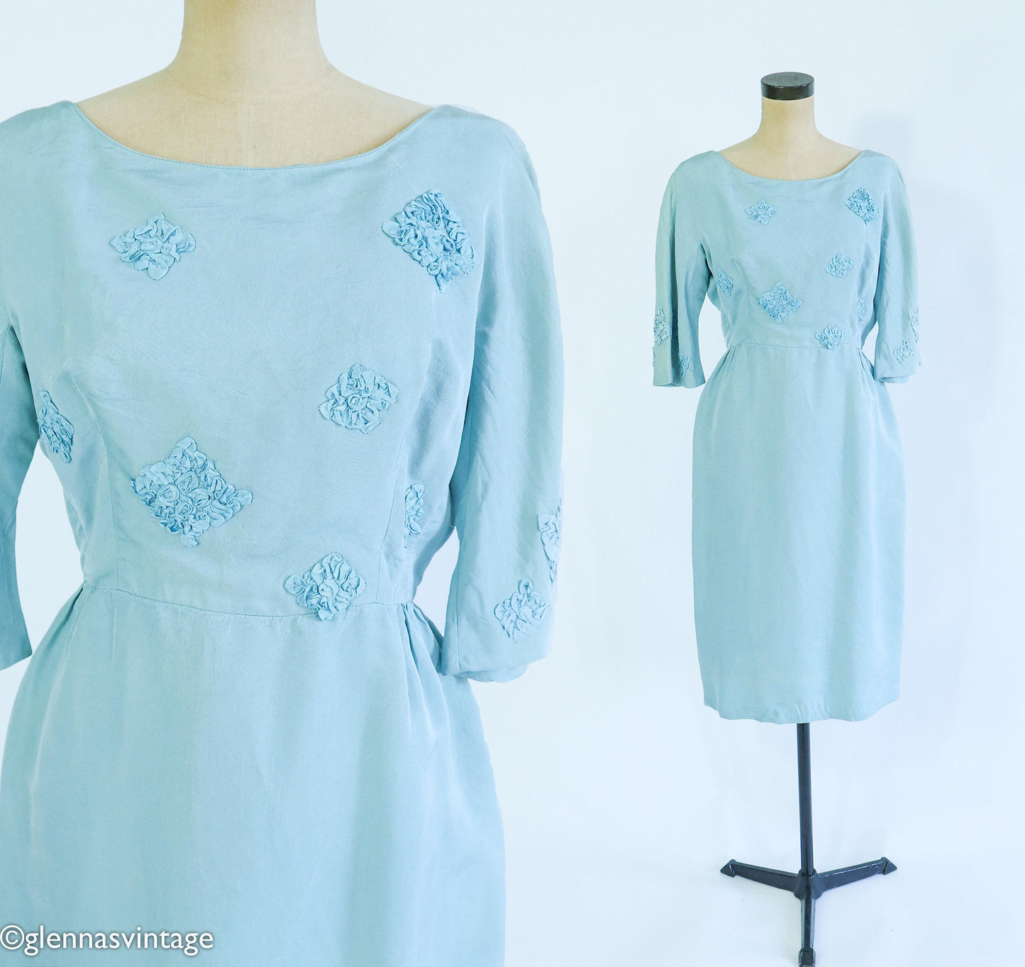 1950s Turquoise Silk Cocktail Dress | Rosette Bodice, Large