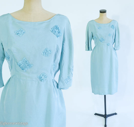 1950s Turquoise Silk Cocktail Dress | Rosette Bodice, Large