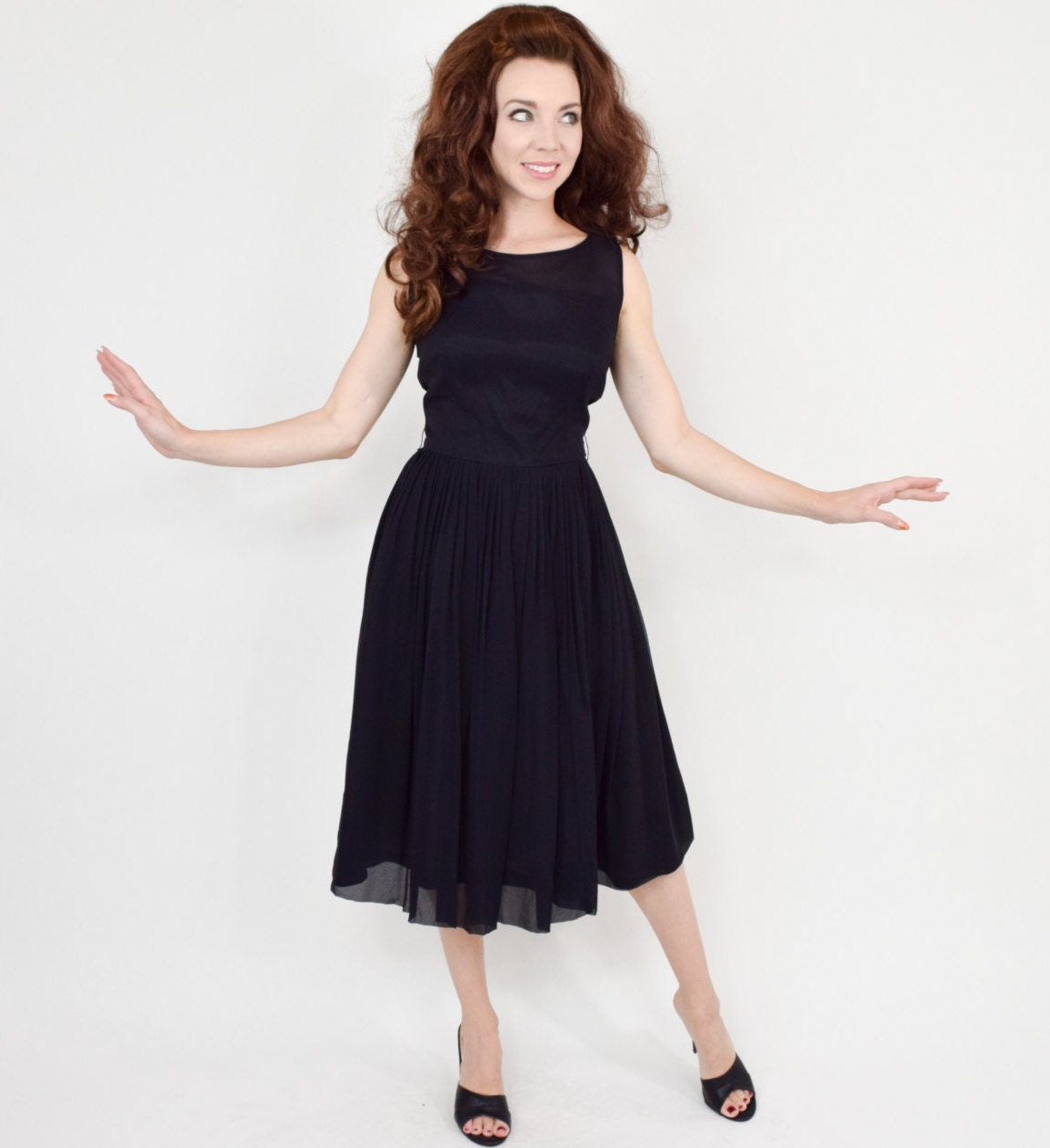 1950s Black Silk Chiffon Party Dress | 50s Black Chiffon Cocktail Dress | Small