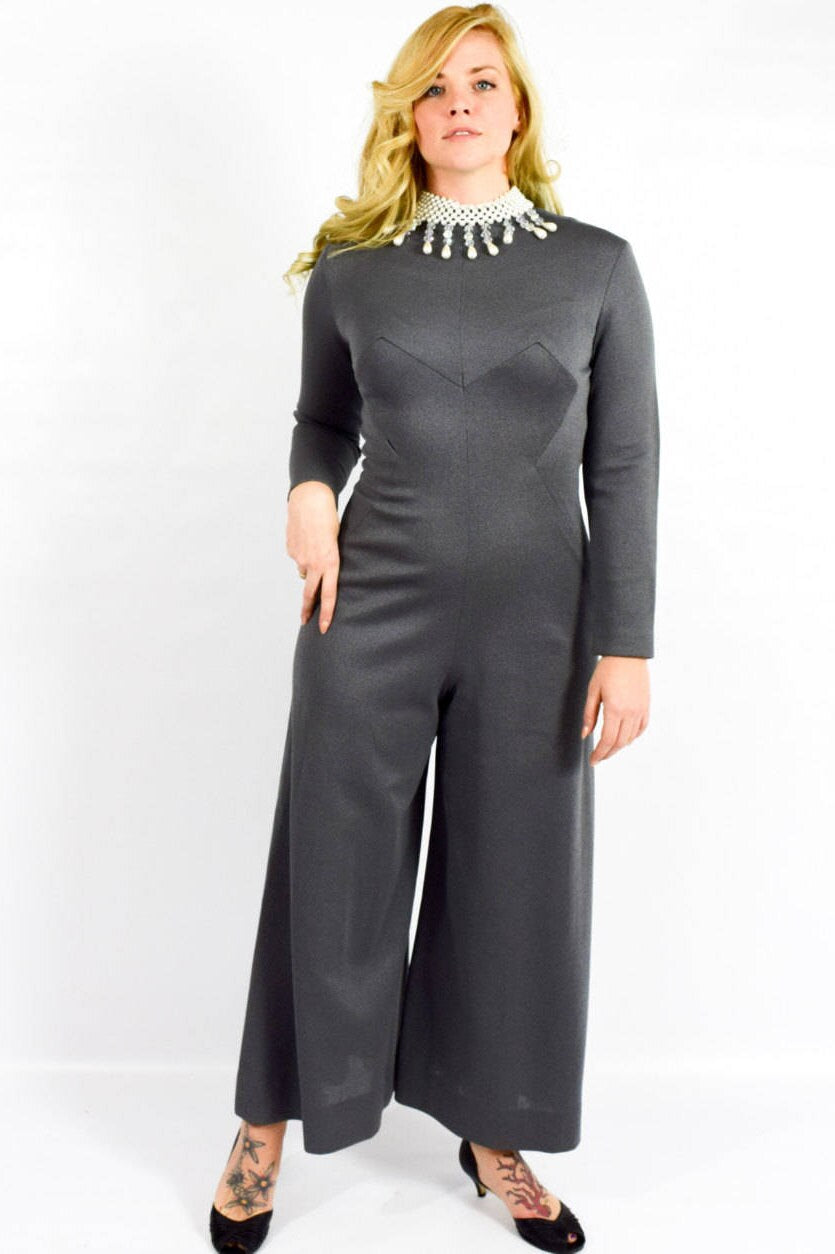 1970s Gray Knit Palazzo Jumpsuit, Medium