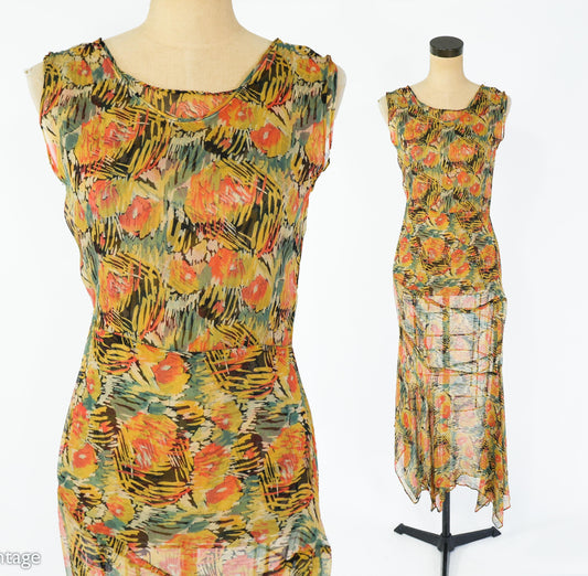 1930s Floral Print Silk Chiffon Dress with Asymmetrical Hem, Extra Small