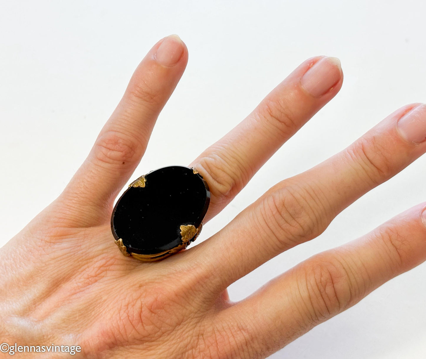 1920s Art Deco Black Glass Ring | Gilt Brass Leaves, Size 5.75