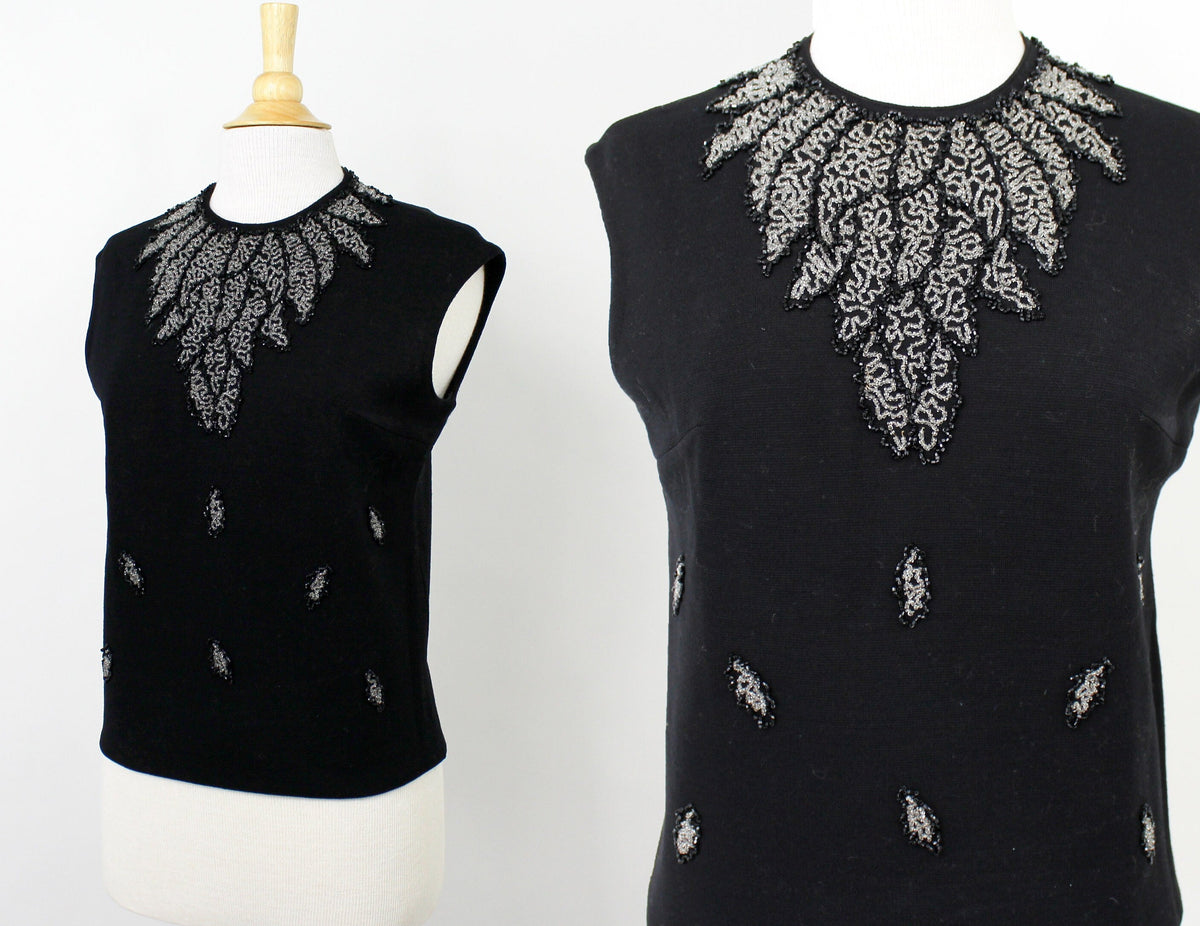 1960s Black Sleeveless Beaded Wool Sweater, Medium