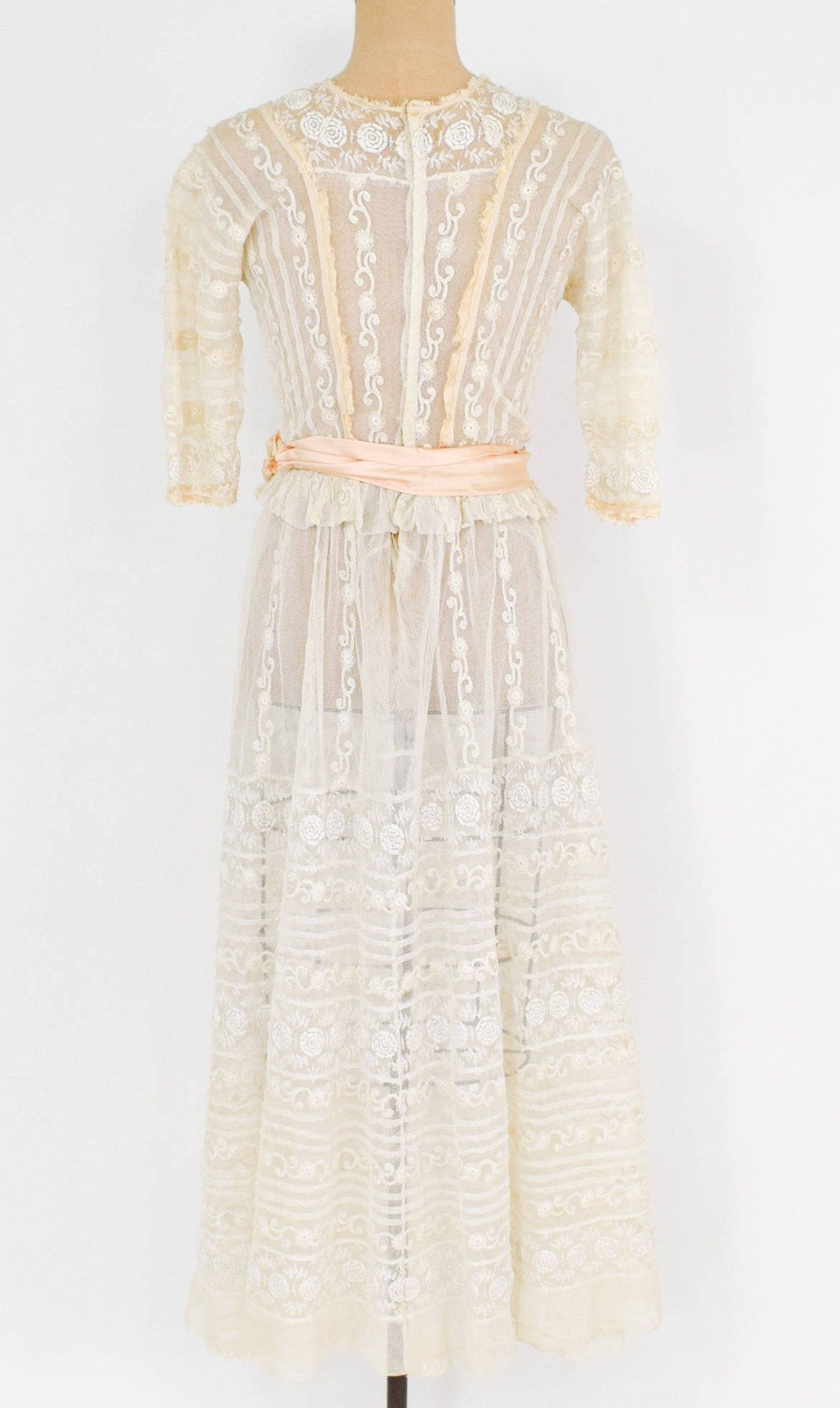 1900s Ivory Lace Wedding Gown, Tiered Edwardian Dress, Extra Small