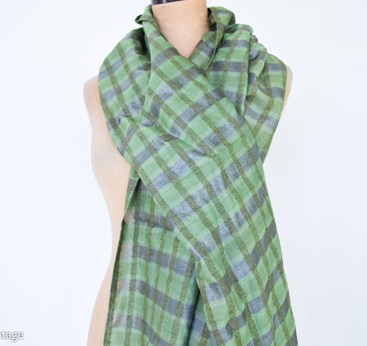 1980s Green Plaid Silk Cotton Scarf, Hand Woven in India