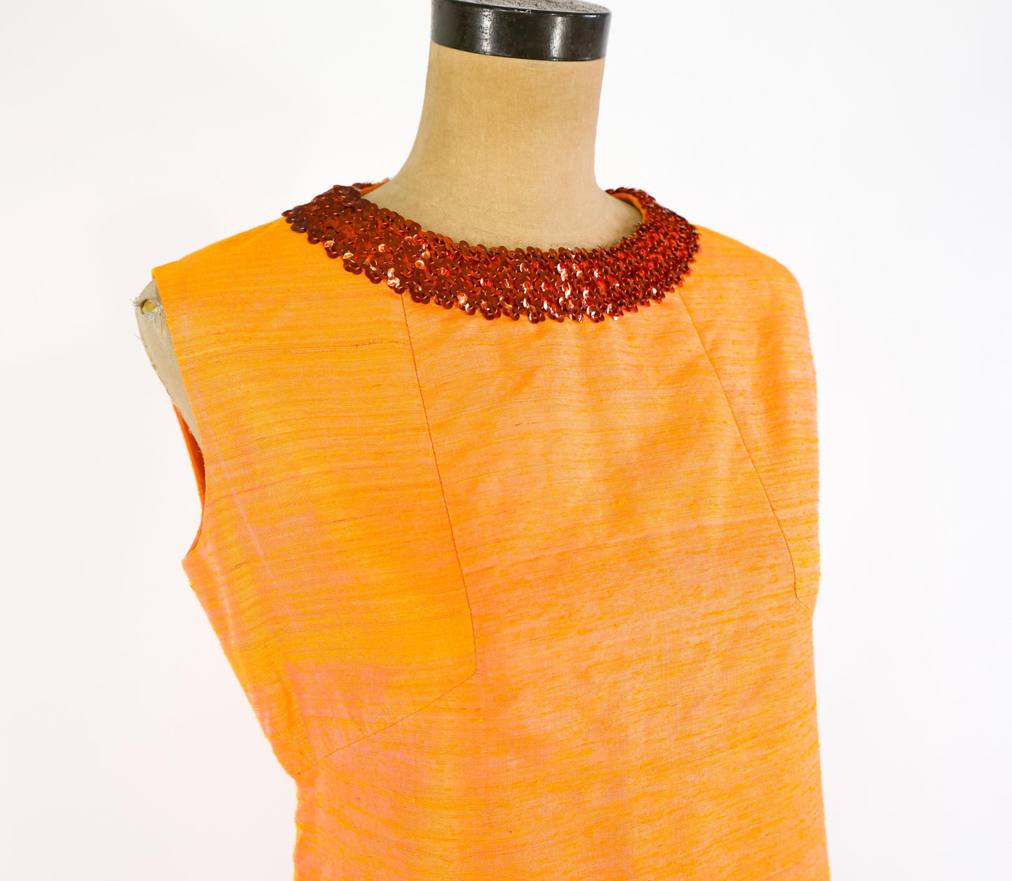 1960s Orange Silk Shift Dress | Sequin Collar, Medium