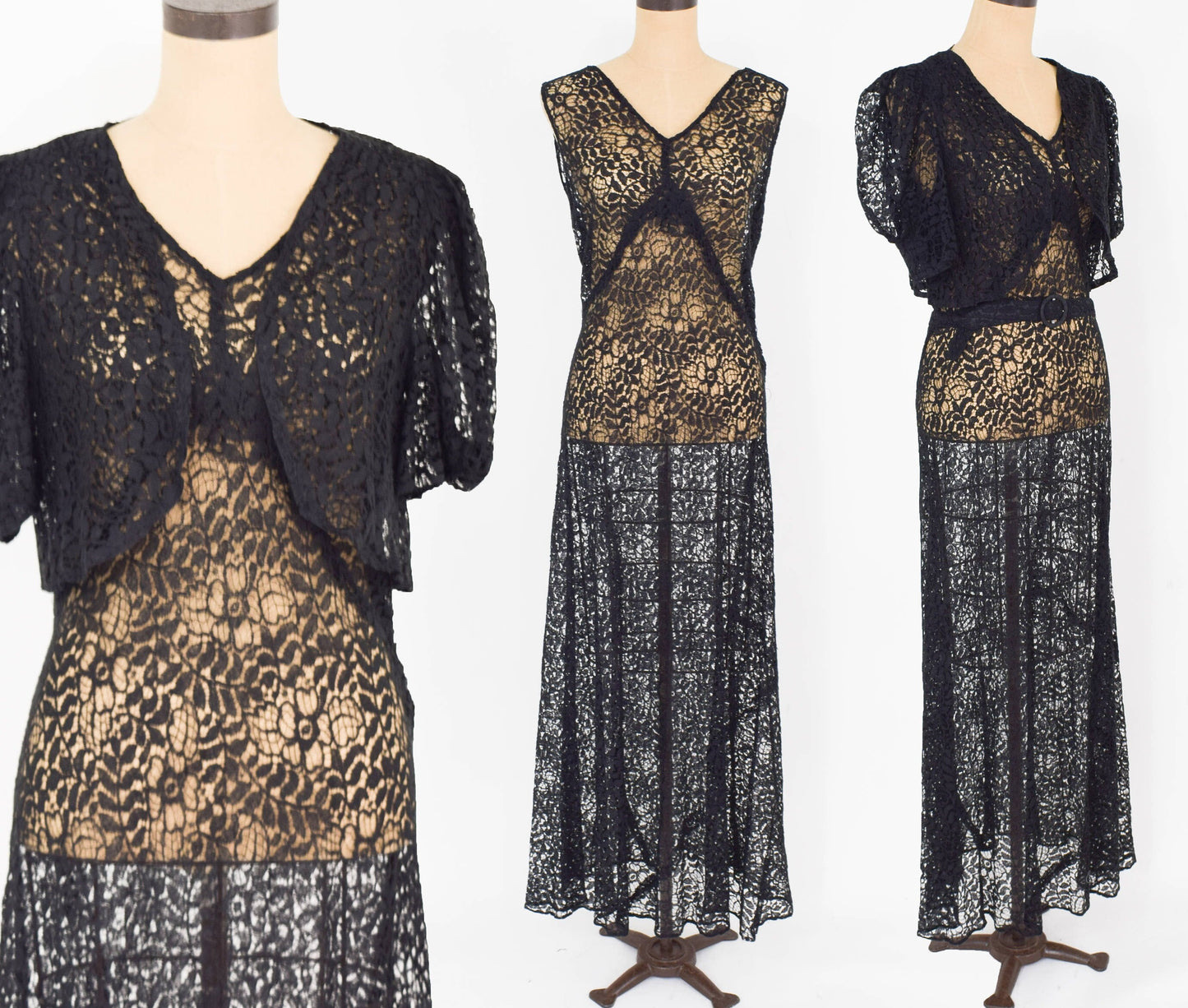 1930s Black Lace Evening Dress & Bolero Jacket Set, Large