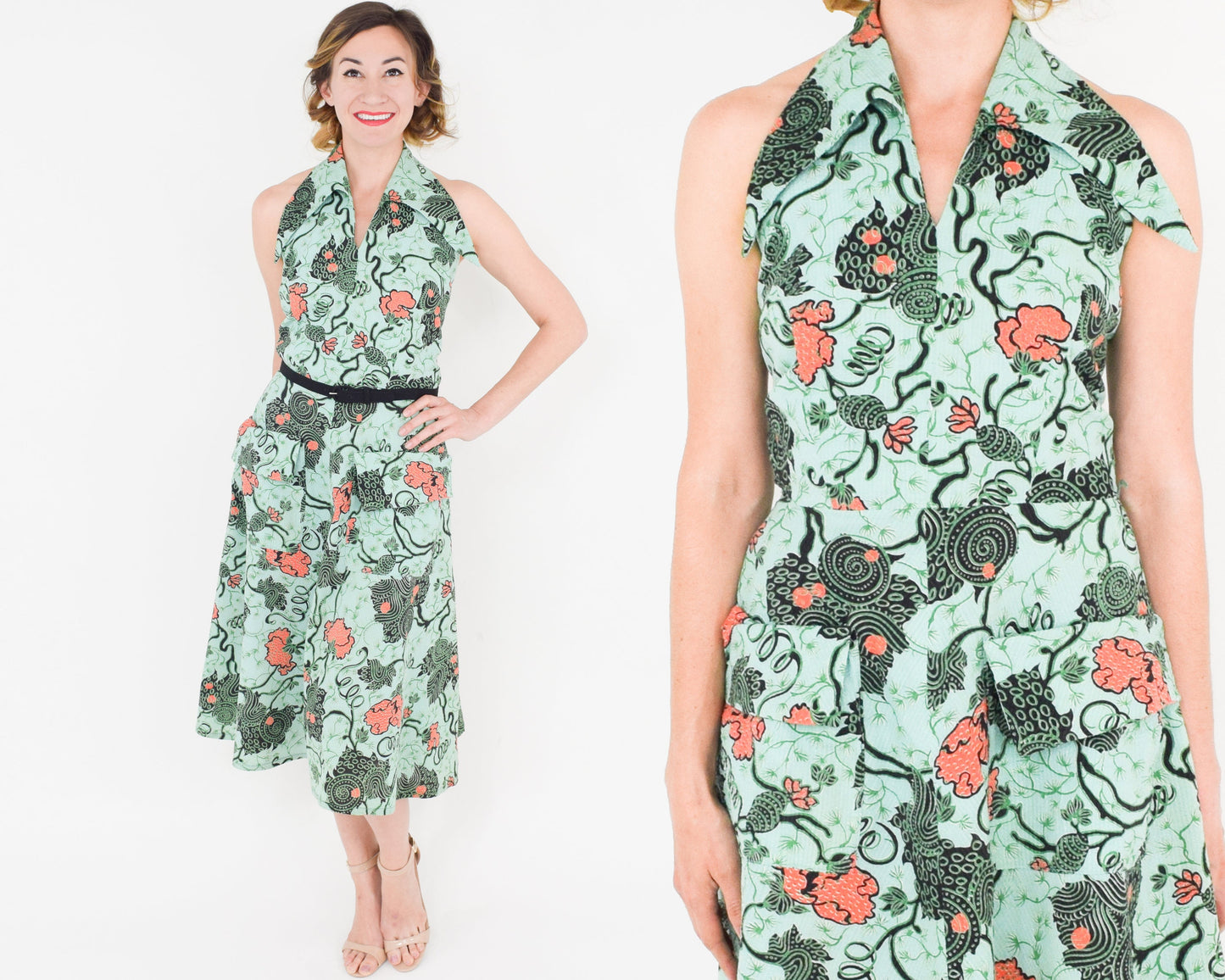 1950s Green Floral Halter Dress, Small