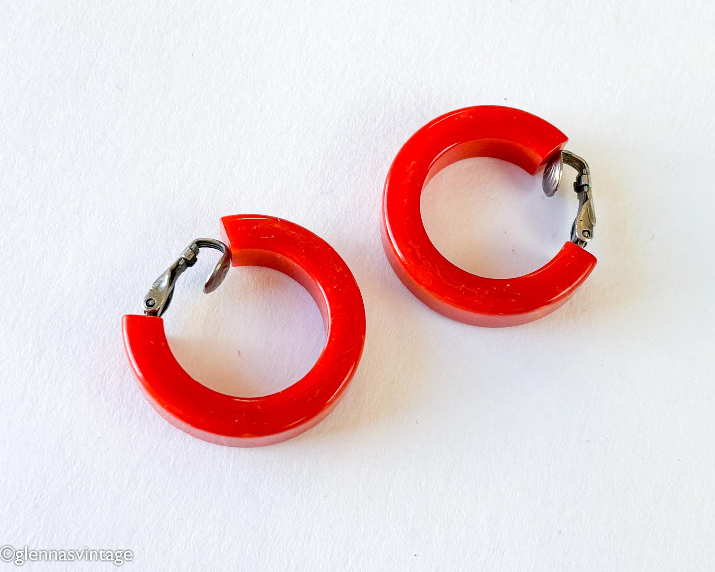 1940s Red Bakelite Earrings | Red Hoop Plastic Clips