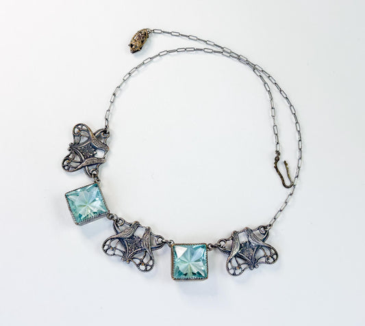 1900s Silver Glass Squares Choker Necklace