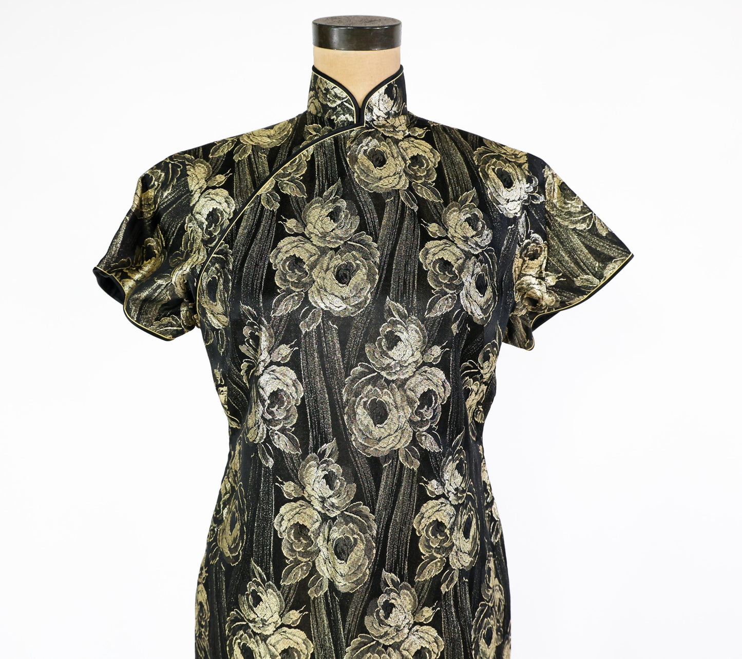 1950s Black Gold Metallic Brocade Cheongsam Dress and Matching Jacket, Large