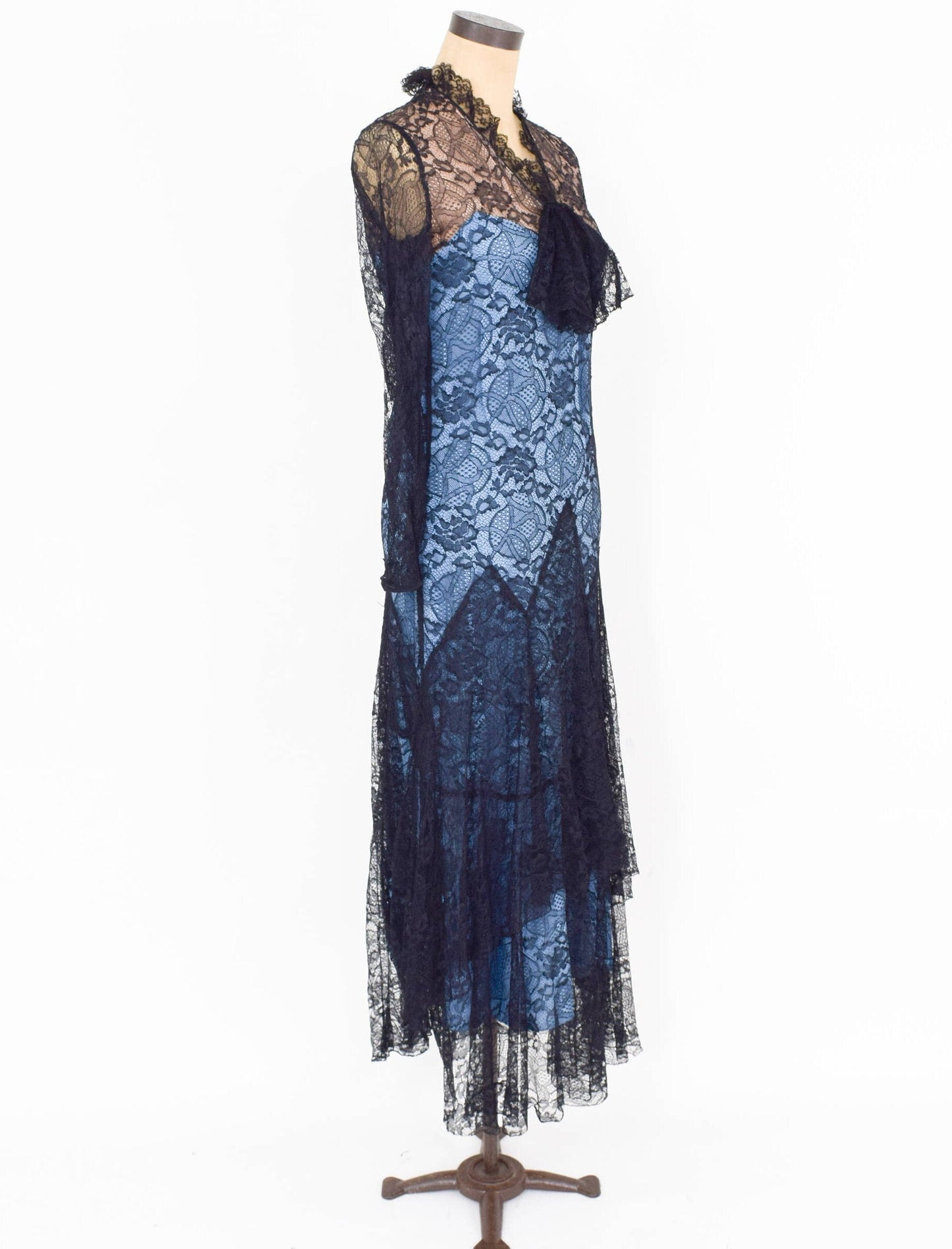 1930s Blue Black Lace Evening Dress, Small