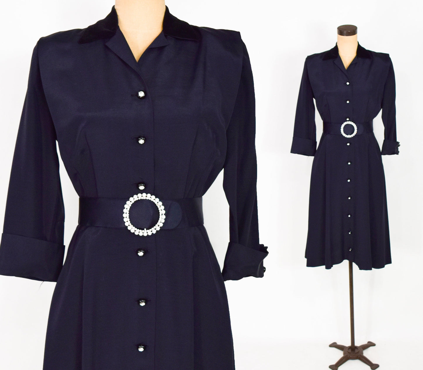 1950s Black Faille Party Dress with Rhinestone Buttons, Medium