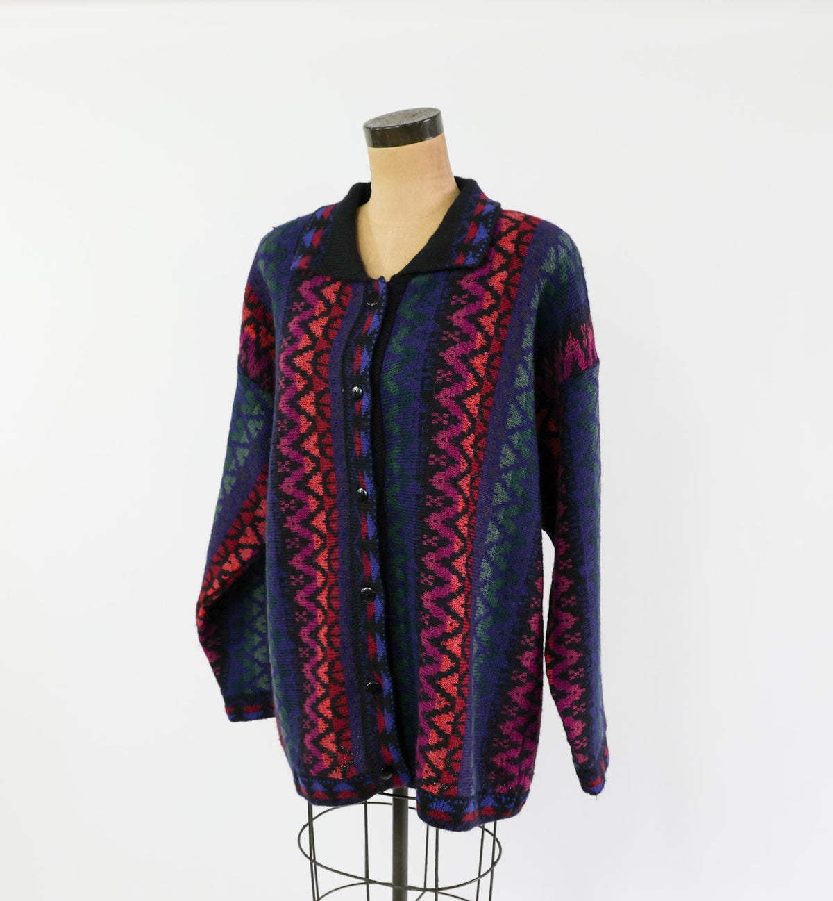 1980s Black Alpaca Wool Stripe Cardigan Sweater Jacket, Large