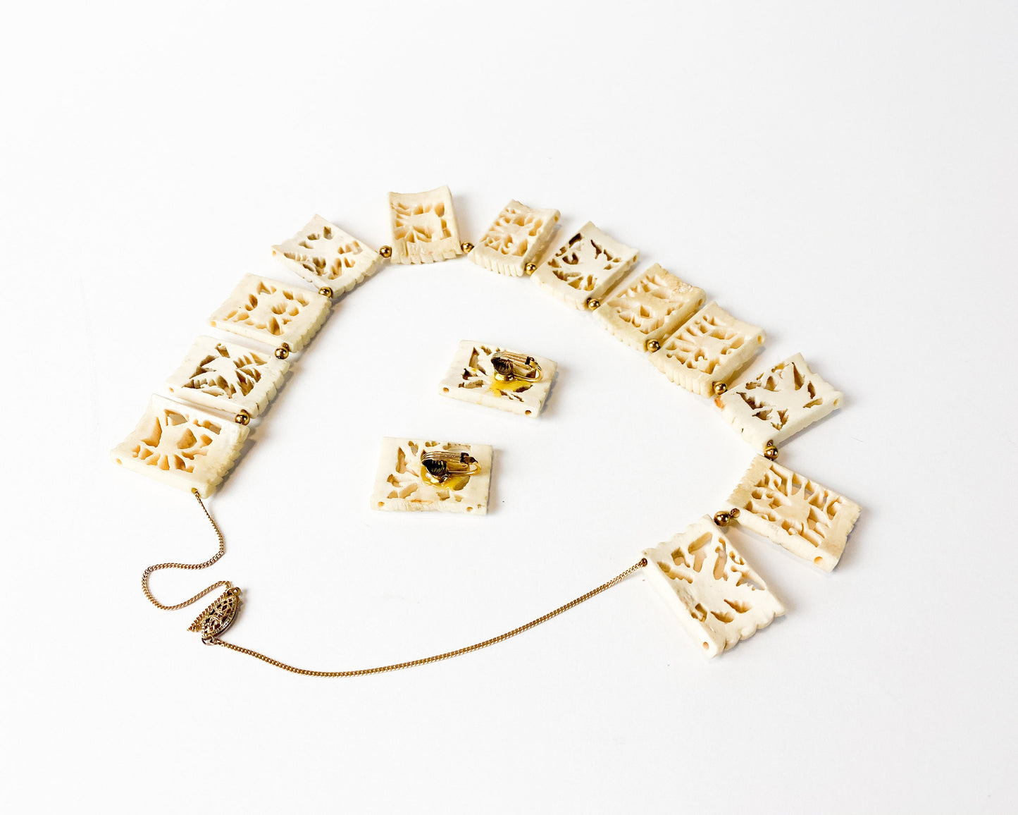 1950s Carved Bone Bird Necklace and Earrings Set