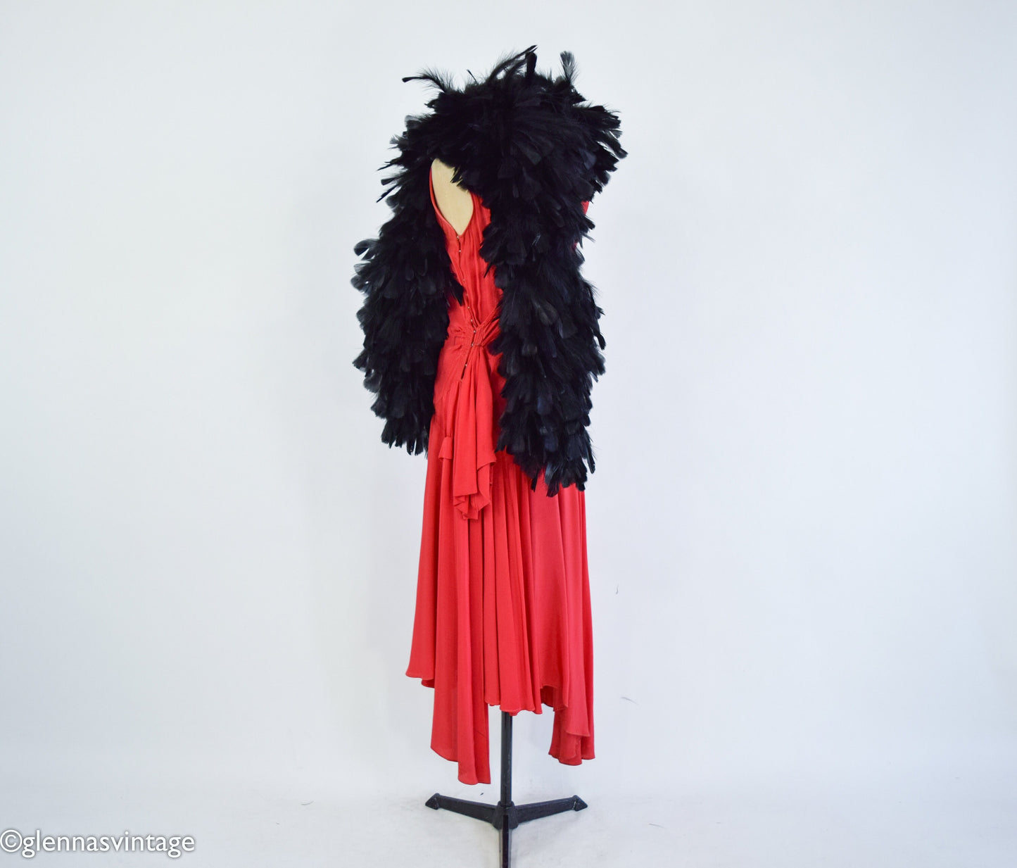 1900s Black Feather Boa with Silk Backing and Ties, Edwardian Era Scarf