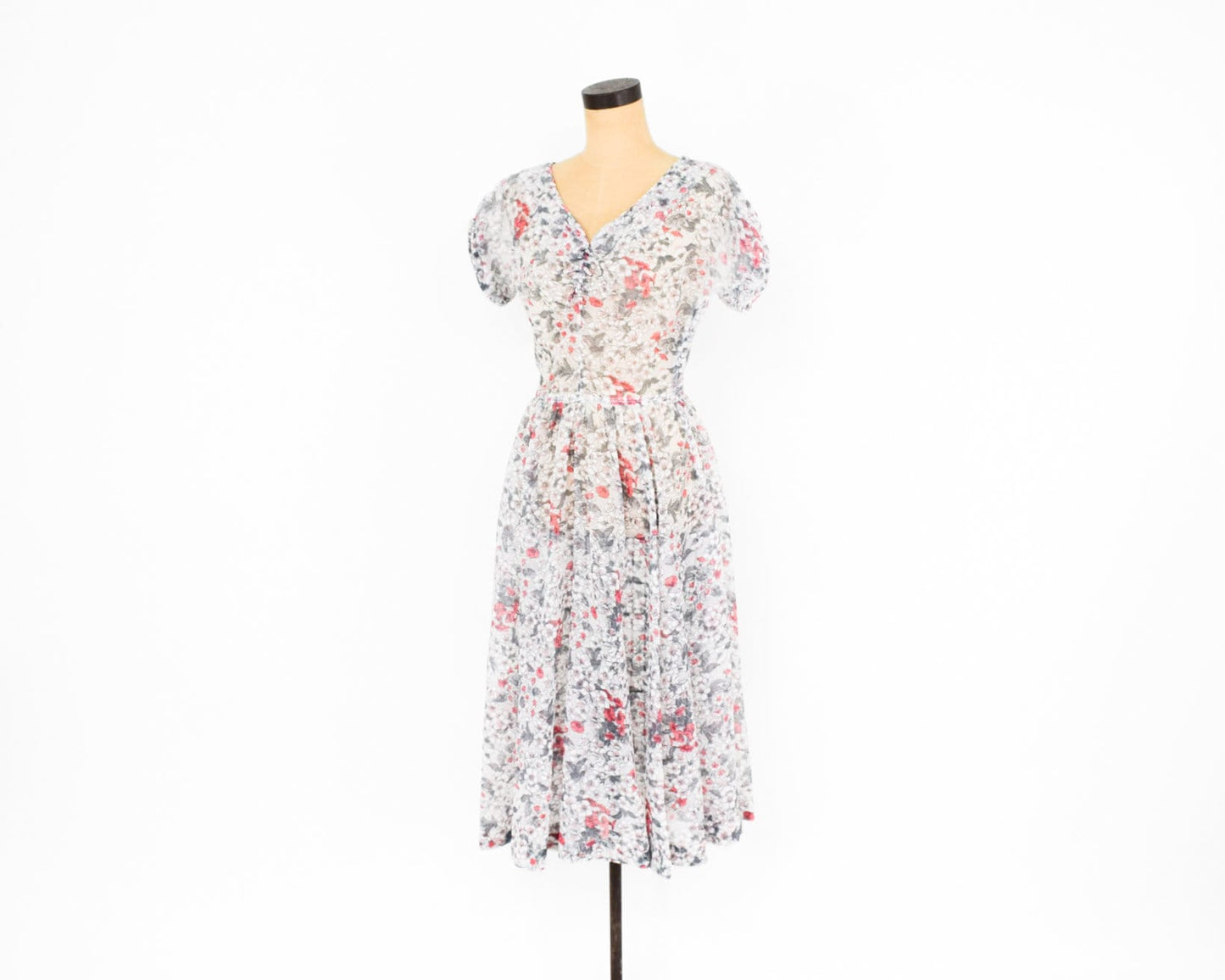 1950s White Floral Dress | 50s White Nylon Flowered Dress | Mid Century | Medium