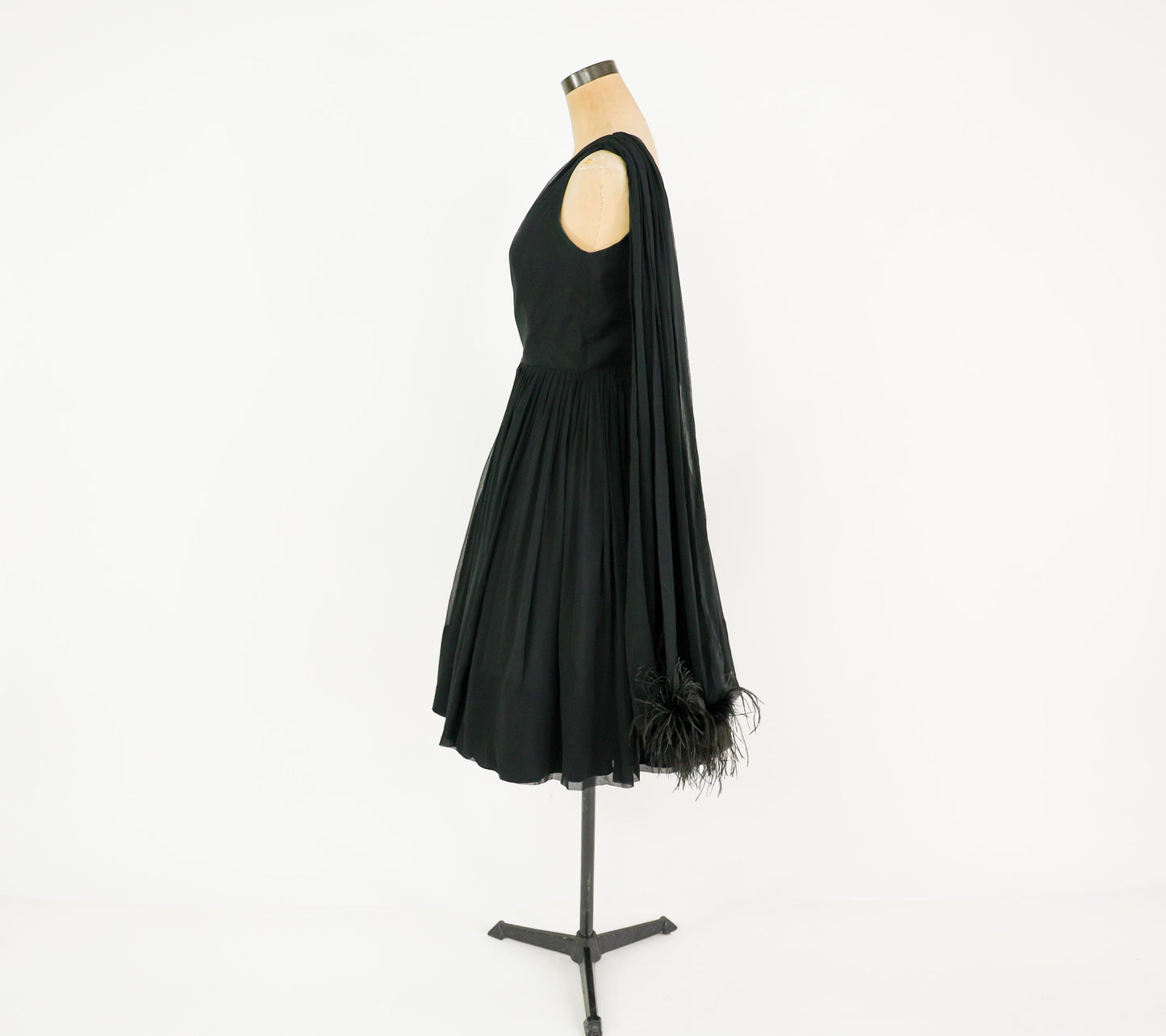 1950s Feather Sash Black Silk Cocktail Gown, Small