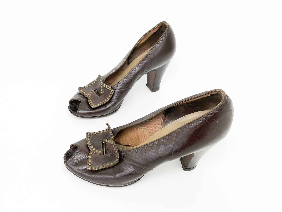 1940s Brown Leather Peep Toe Pumps Heels, Andrew Geller, US 7, EU 38