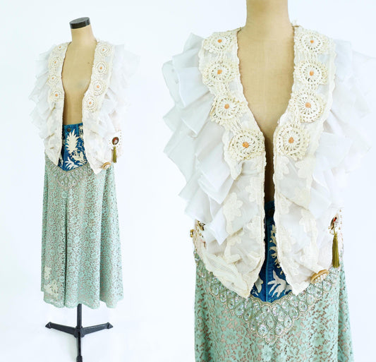 1990s White Ruffle Vintage Vest and 1990s Blue Denim Skirt