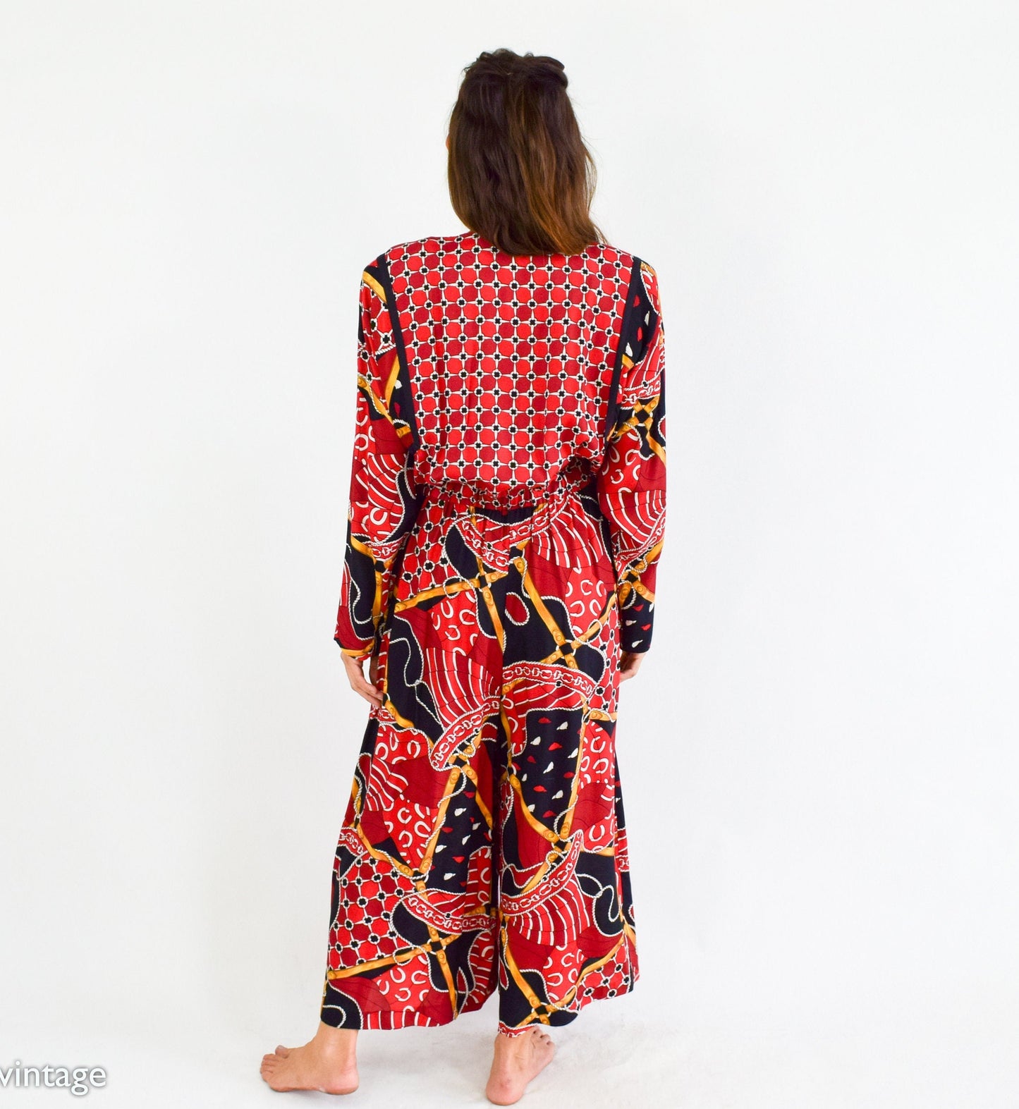 1980s Red Print Jumpsuit | 80s Red Wide Leg Jumpsuit | Choon | Medium