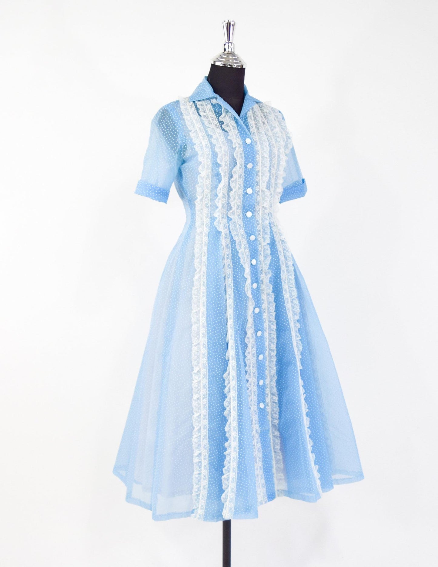 1950s Blue Dotted Swiss Dress with White Lace Trim, Small