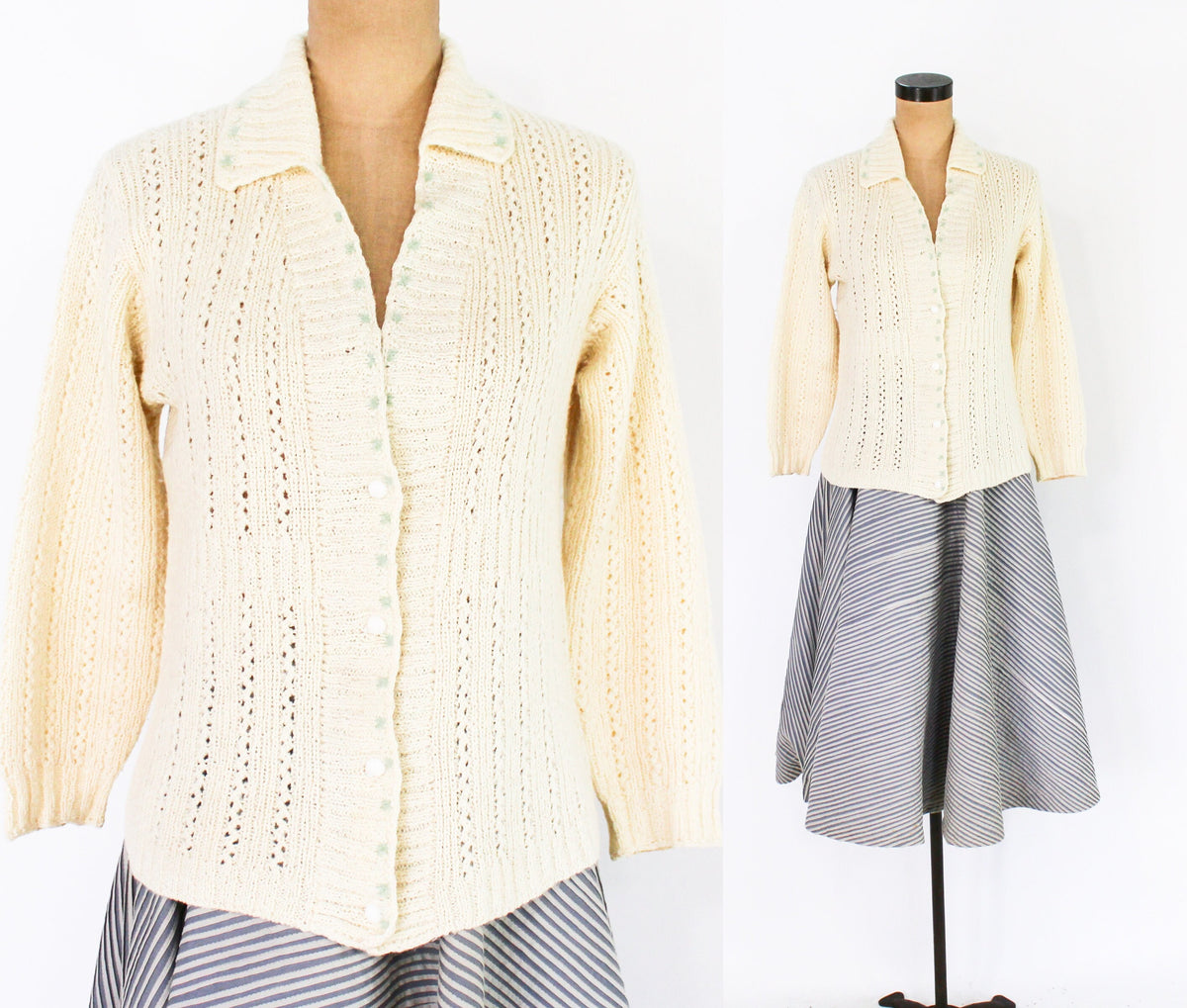 1950s Creme Wool Knit Cardigan, Medium