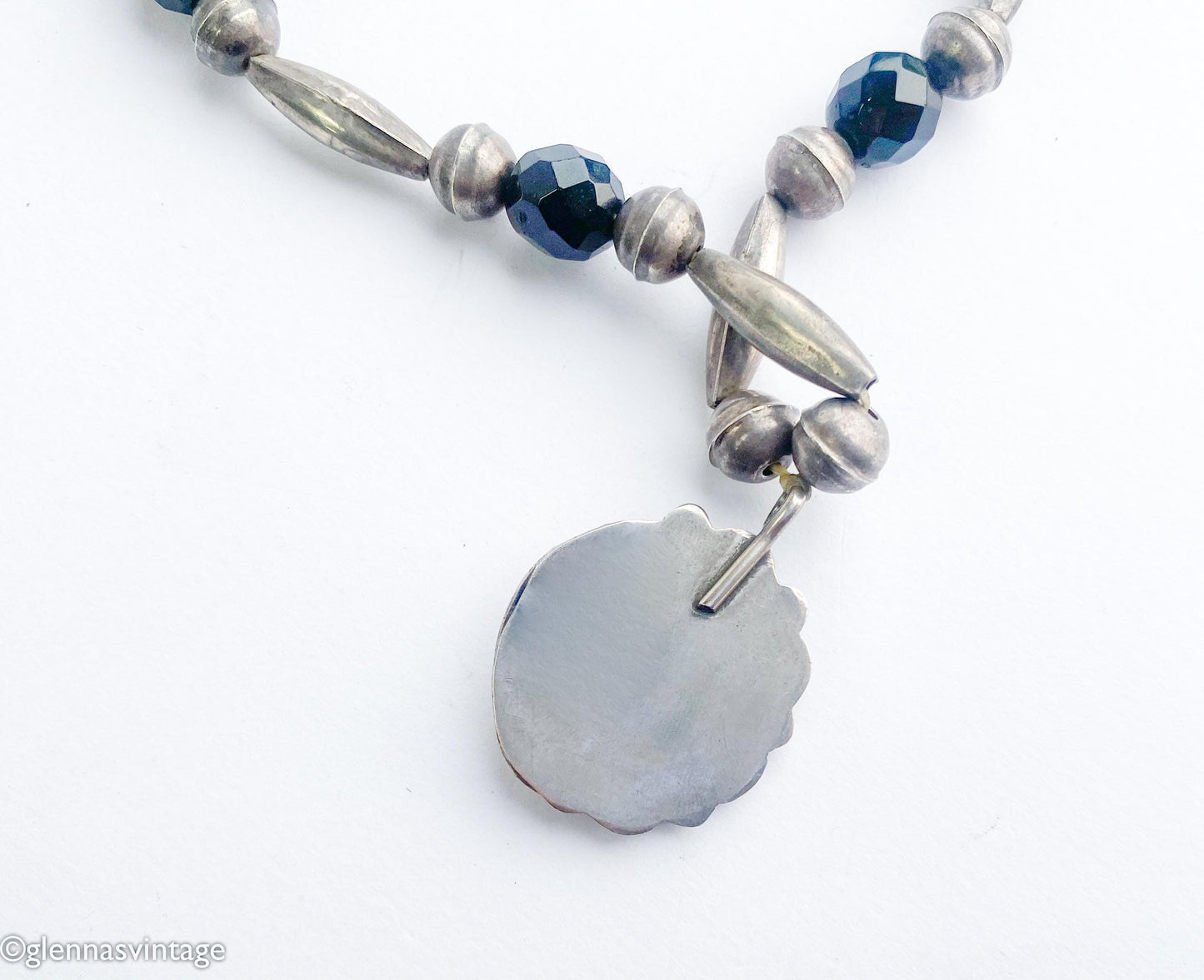 1940s Turquoise Pendant Necklace | Vintage Sterling Silver, Black Glass Beads