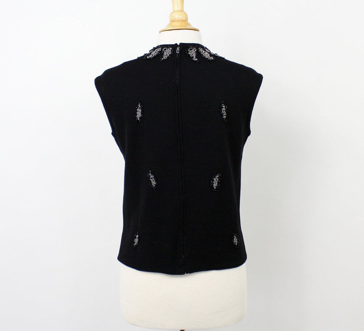 1960s Black Sleeveless Beaded Wool Sweater, Medium