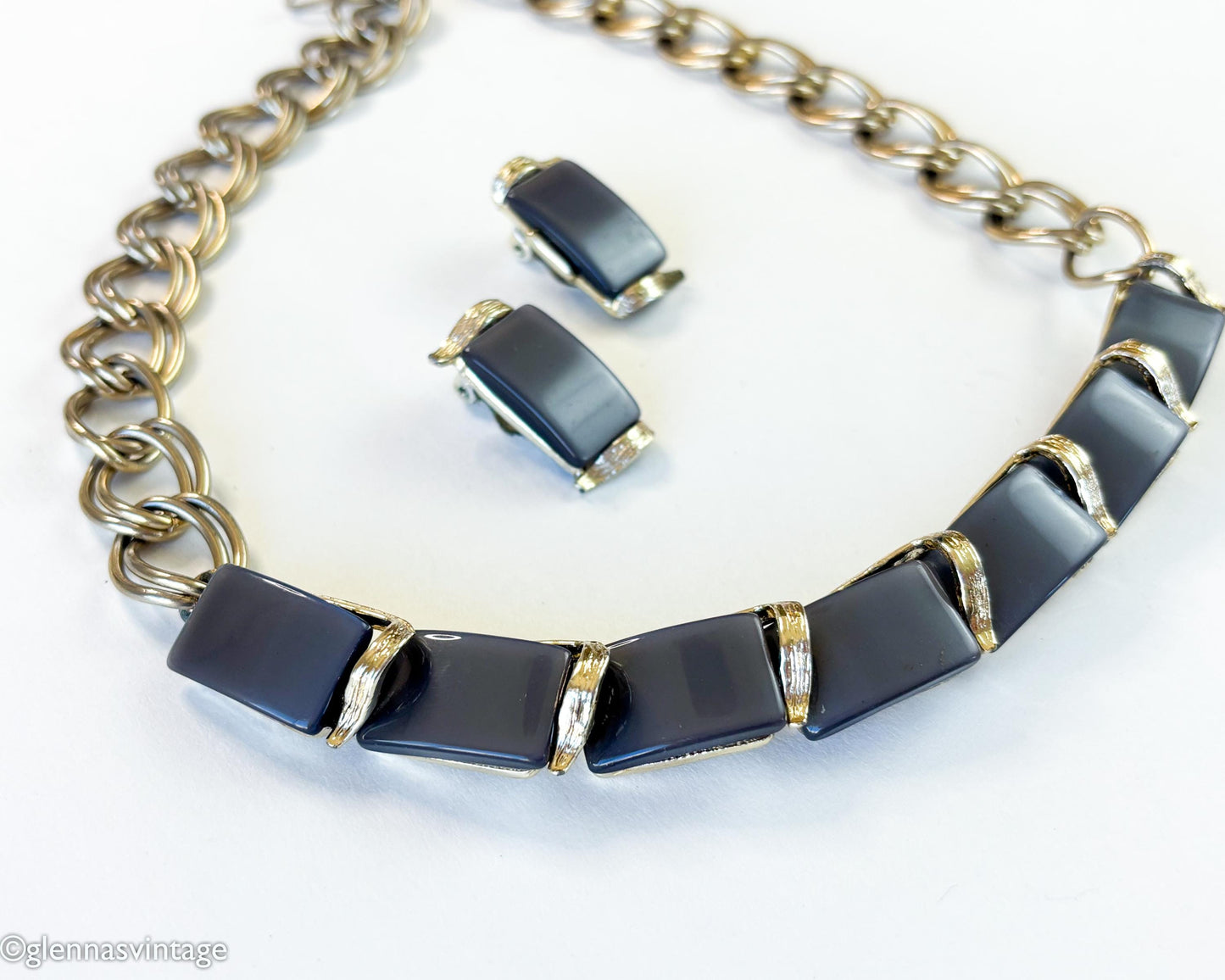 1960s Gray Lucite Necklace & Clip Earring Set | Gold Chain