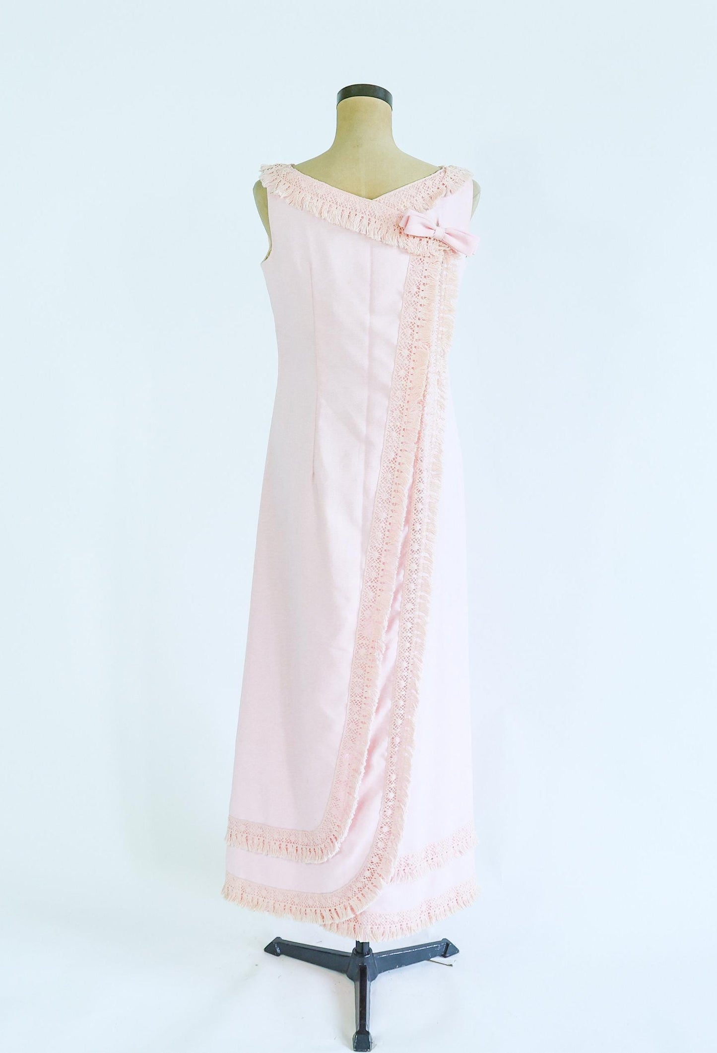 1960s Pink Fringe Column Dress | 60s Pale Pink Cotton Maxi Dress | Emma Domb | Medium