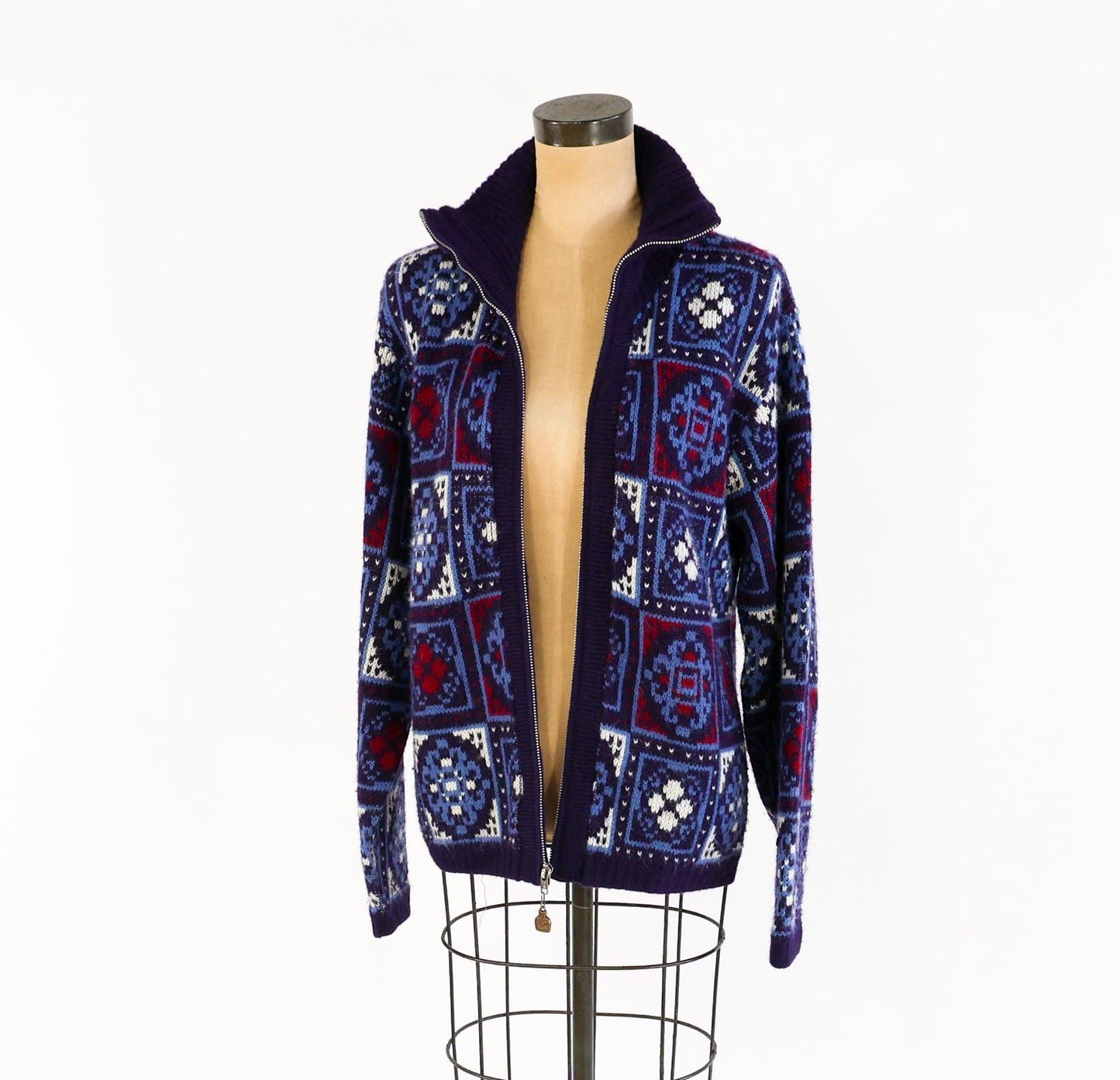 1960s Jantzen Nordic Cardigan Sweater Jacket, Blue & White Knit, Large