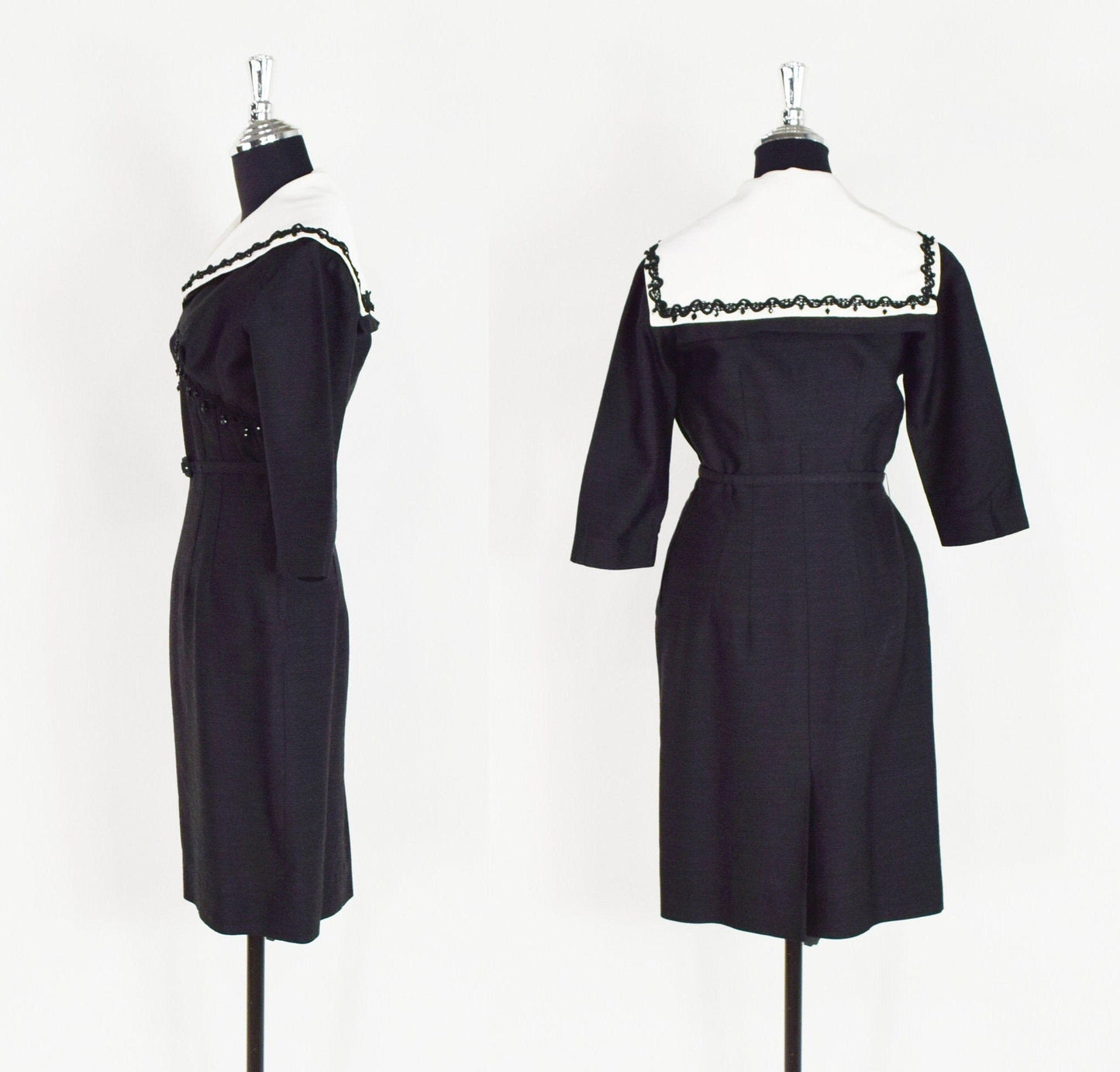 1940s Charcoal Gray Wool Dress with Collar | 40s Black Secretary Dress | White Removable Collar | Day to Night Dress | Chumley | Medium