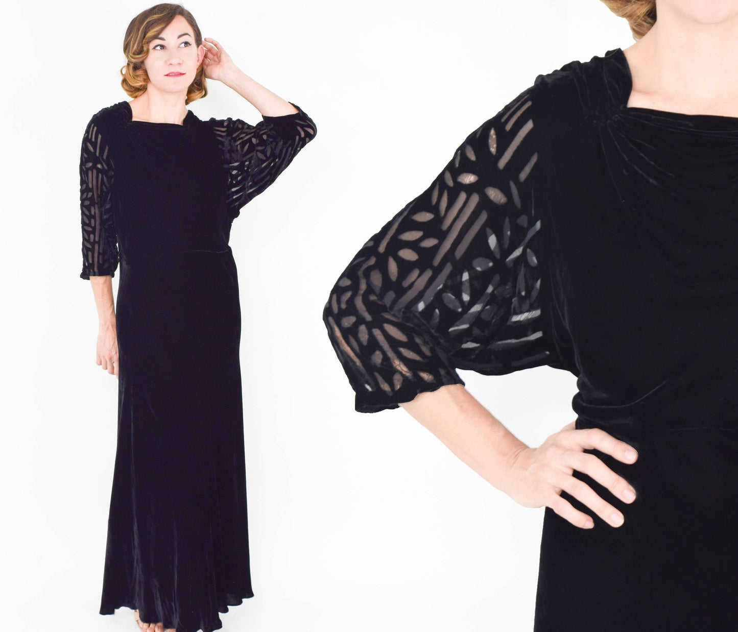 1900s Black Silk Velvet Evening Dress | Black Velvet Gown | Medium