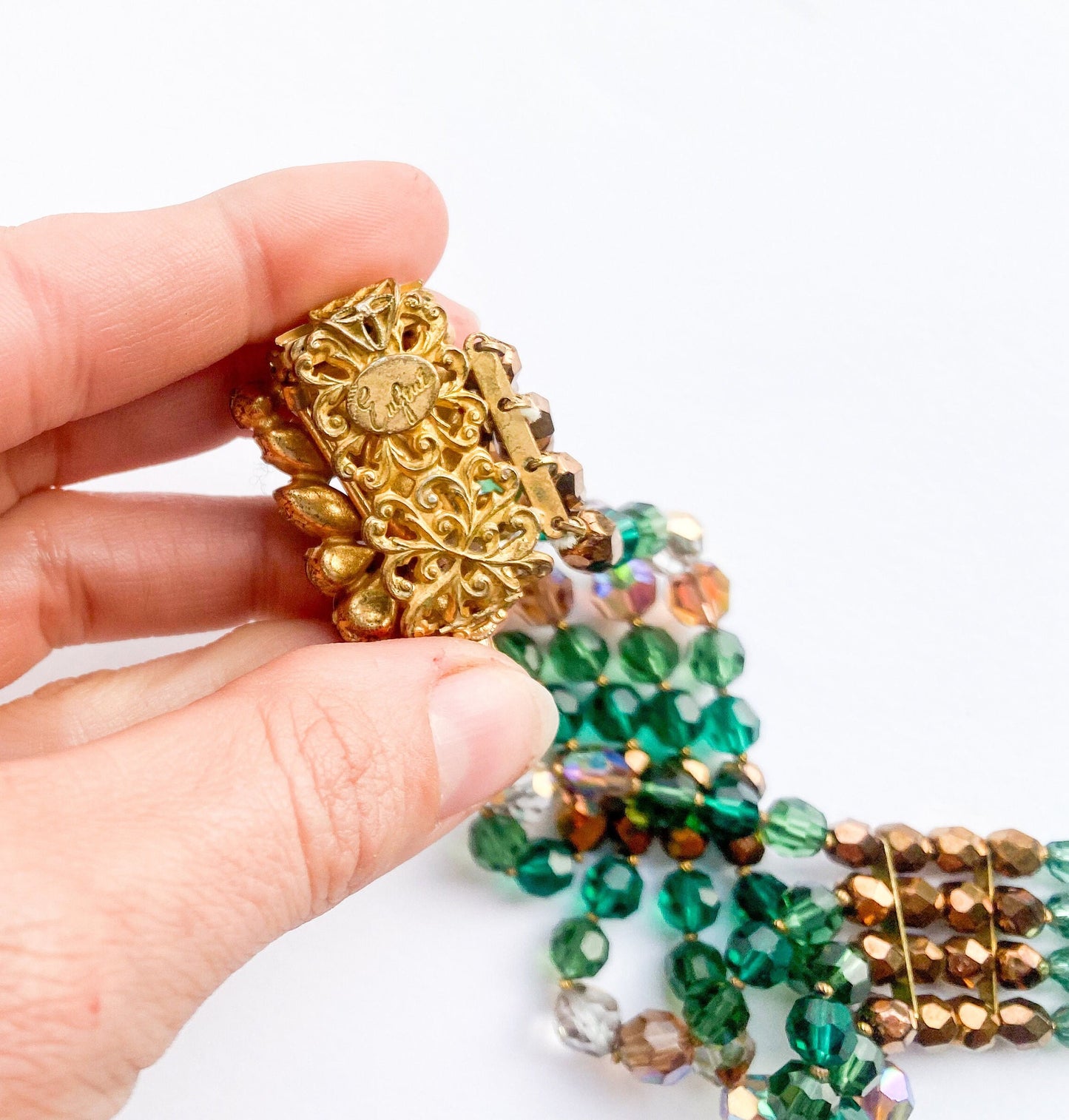Eugene | 1950s Crystal & Rhinestone Bracelet | 50s Crystal Evening Bracelet | Green Bronze Crystal Bracelet | Eugene