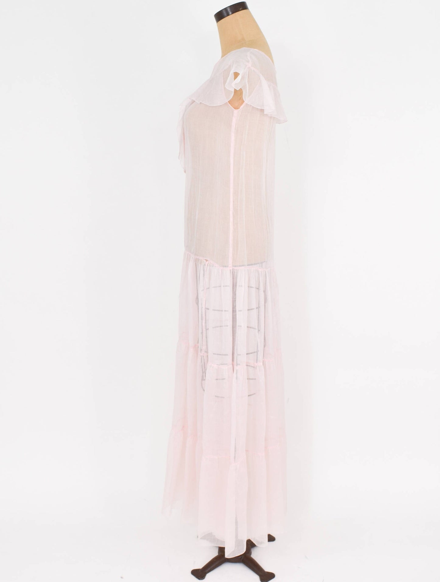 1930s Pale Pink Organza Evening Dress with Ruffle Trim, Medium