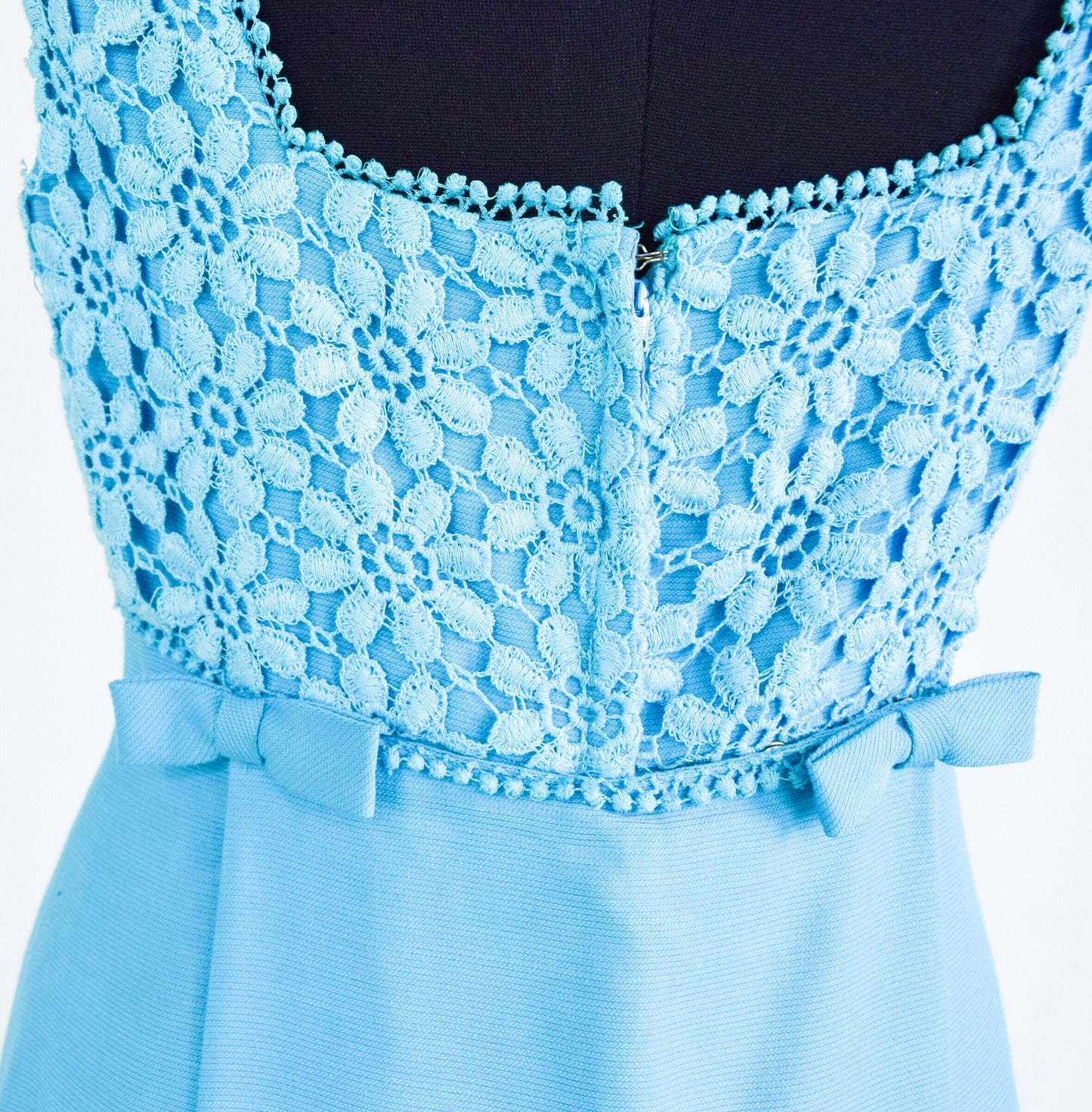 1960s Turquoise Blue Prom Dress | 60s Cotton Flower Lace Top Maxi Dress | XS