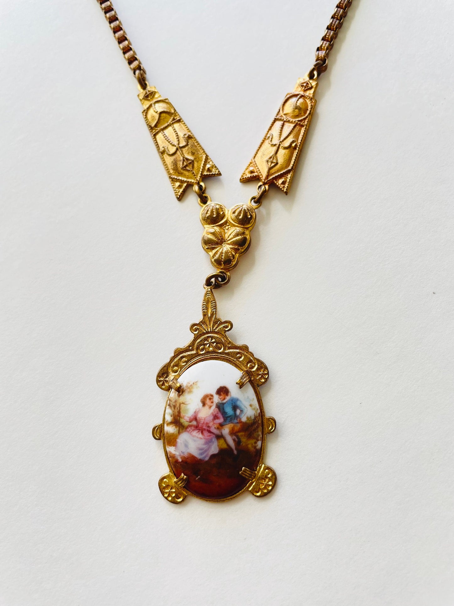 1920s Porcelain Pendant Necklace | Gold Victorian Couple, Brass Chain