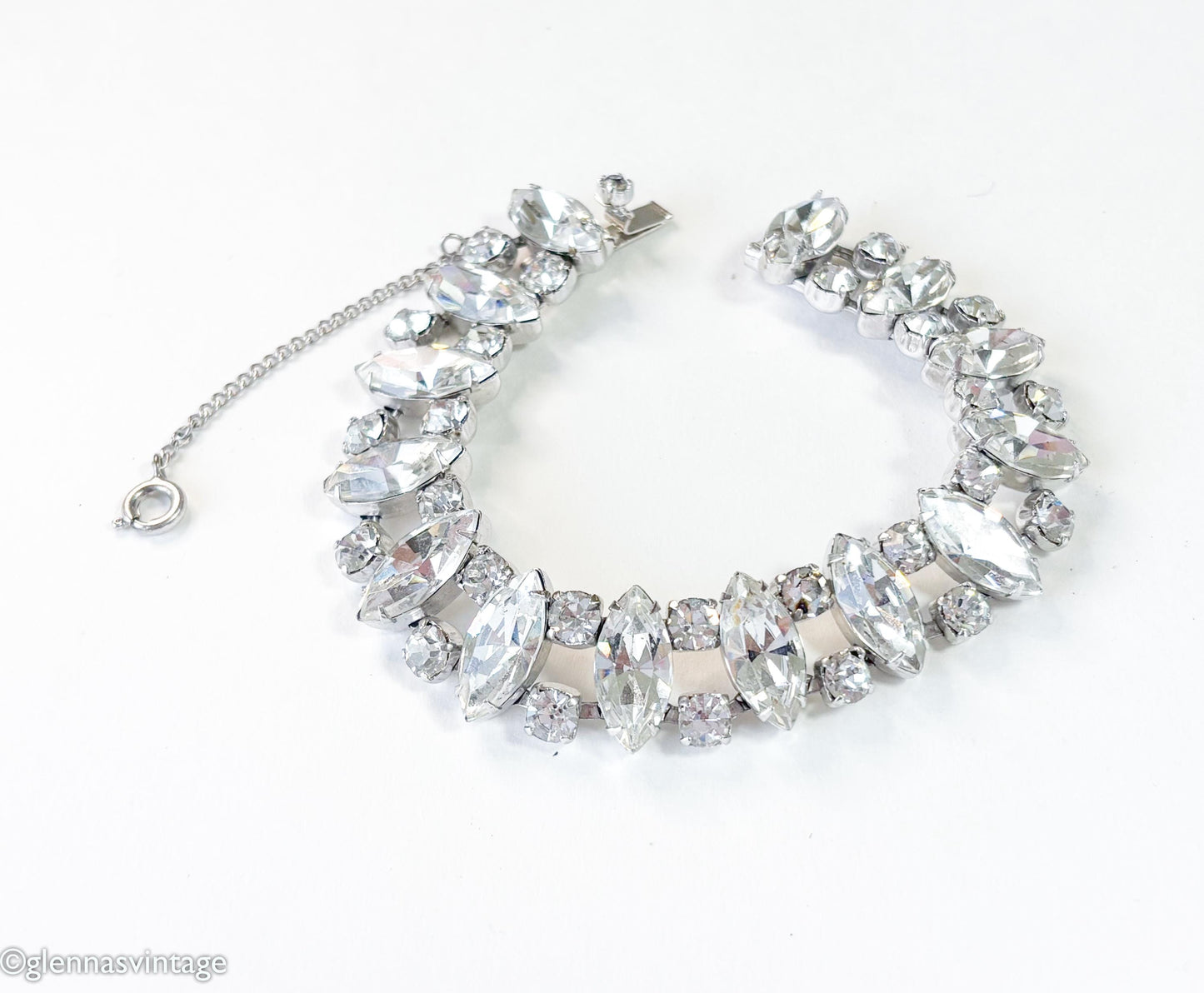 1960s Rhinestone & Silver Bracelet with Navette Crystals