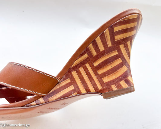 1990s Brown Leather Wedge Sandal Heels, Bruno Magli, US 6, EU 36.5