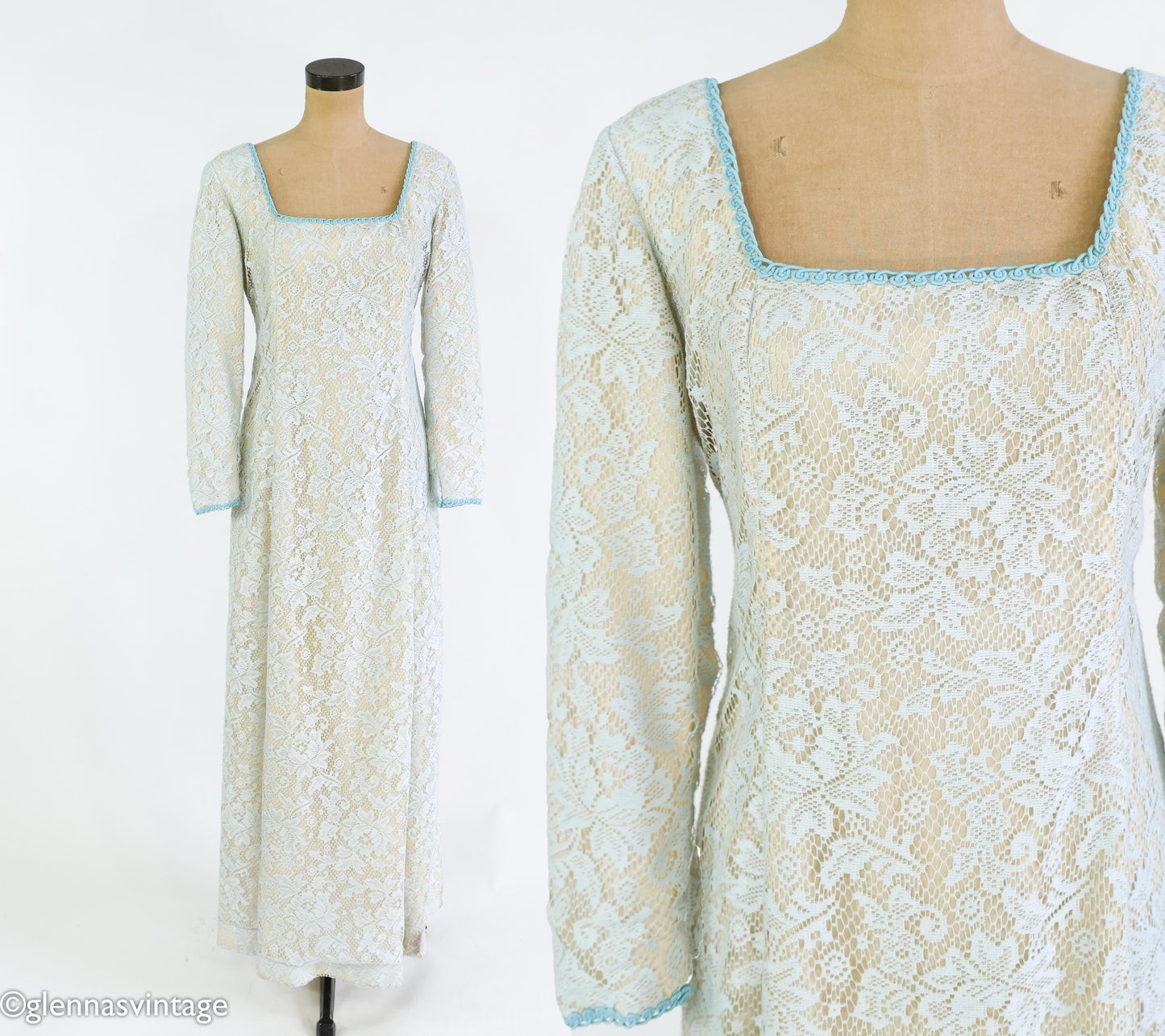 1970s Beige & Creme Lace Maxi Dress, Medium