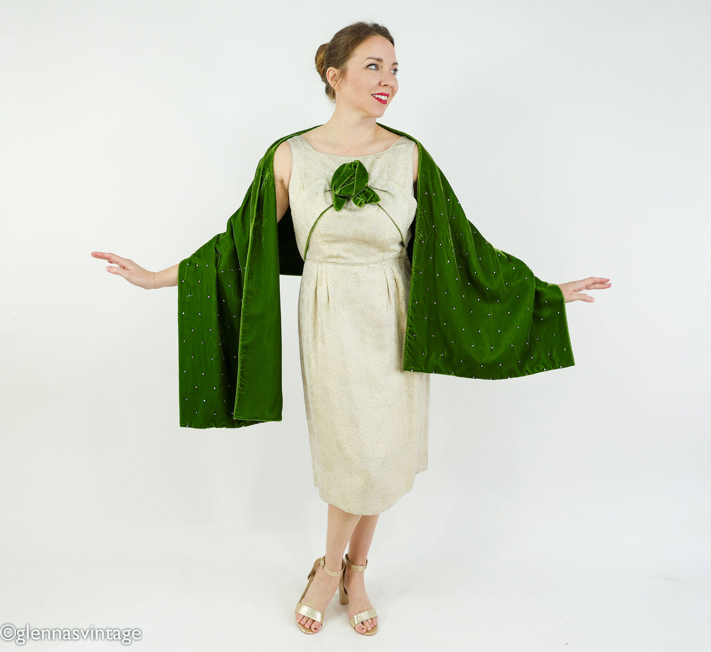 1950s Vintage Brocade Cocktail Dress with Green Velvet Rhinestone Shawl | Medium