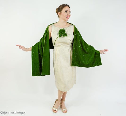 1950s Vintage Brocade Cocktail Dress with Green Velvet Rhinestone Shawl | Medium