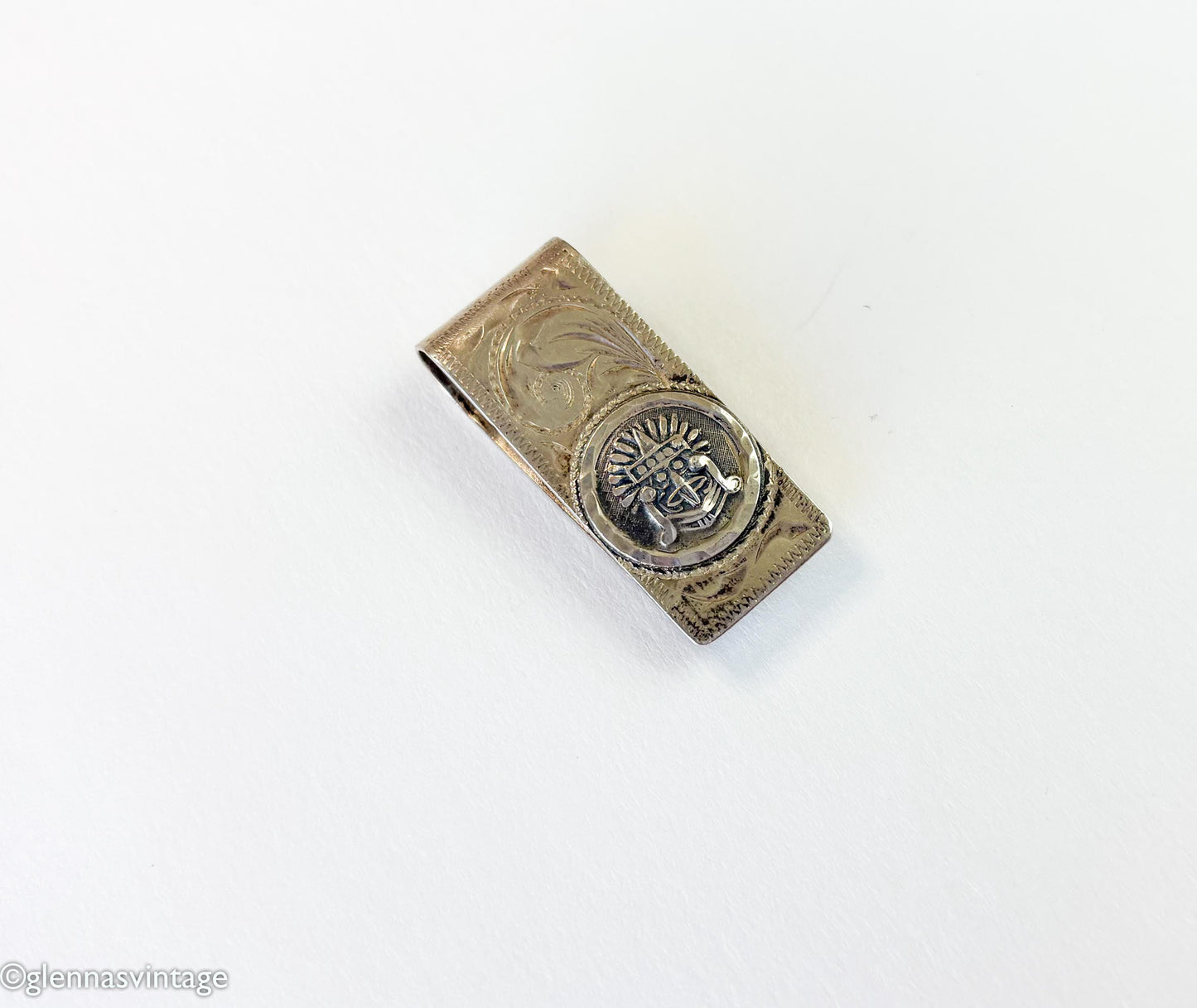 1950s Mexican Silver Money Clip | Aztec Mask Emblem