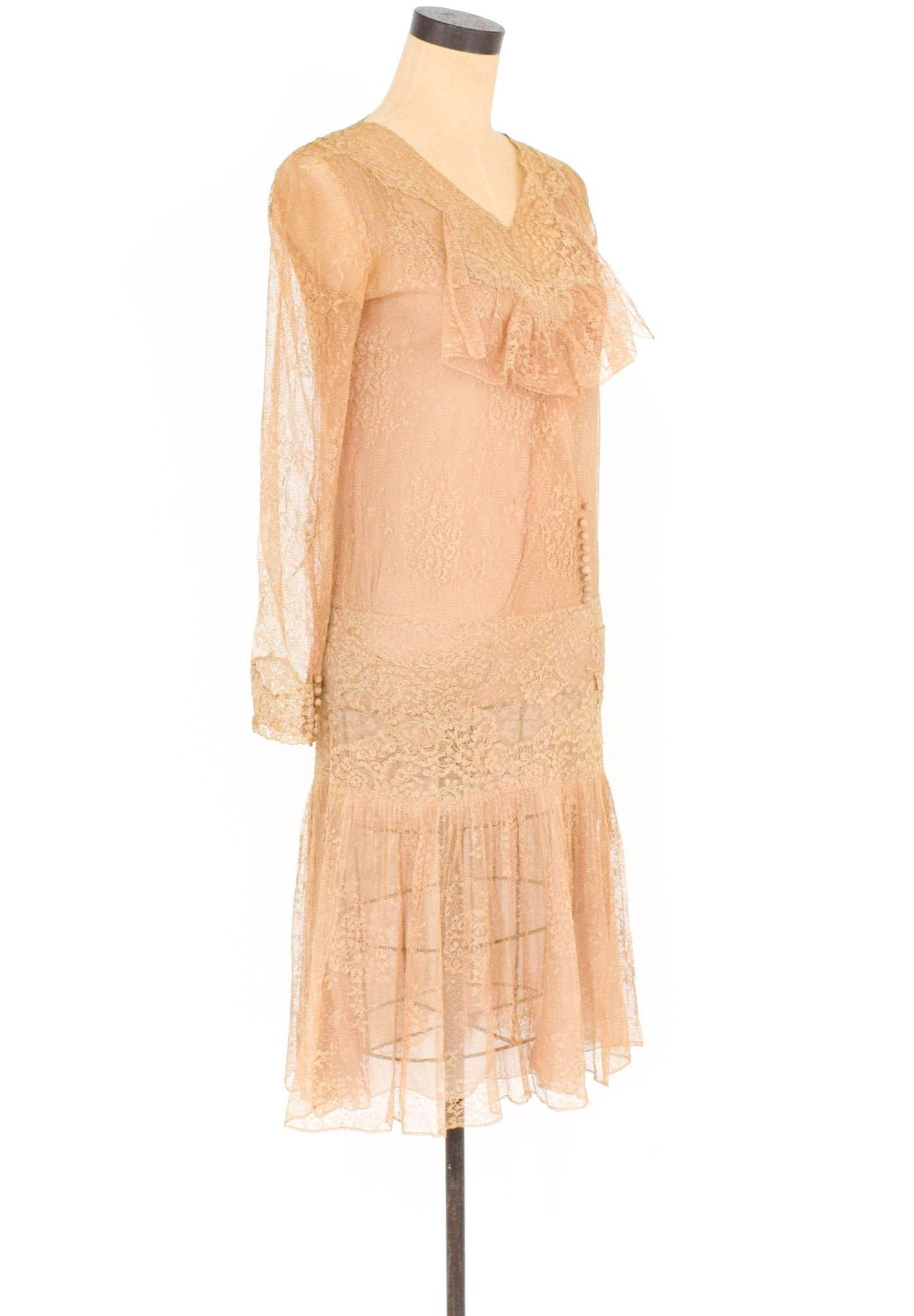 1920s Beige Lace & Silk Flapper Dress, Extra Small